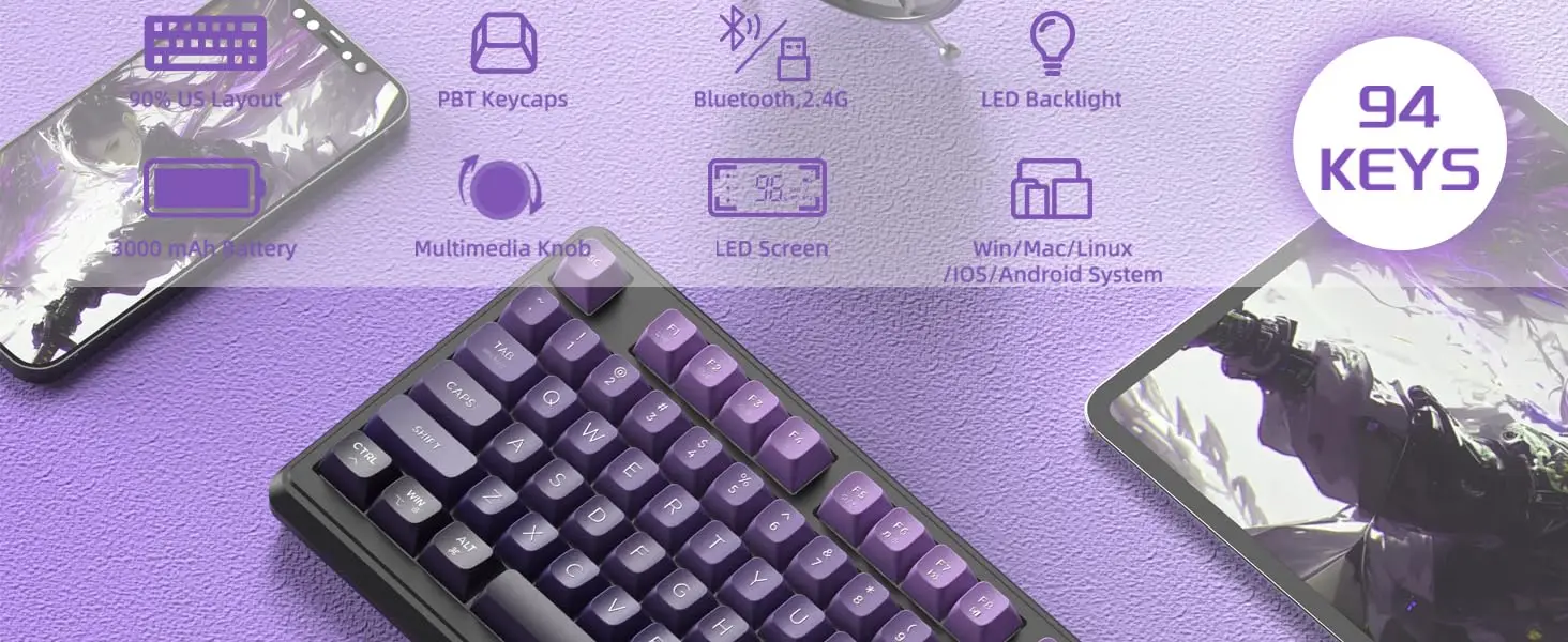 M96 Wireless Gaming Keyboard Creamy Membrane with Rainbow Backlight,Media Knob,LCD Screen,Dual Mode-Bluetooth/2.4Ghz,Ball Shape