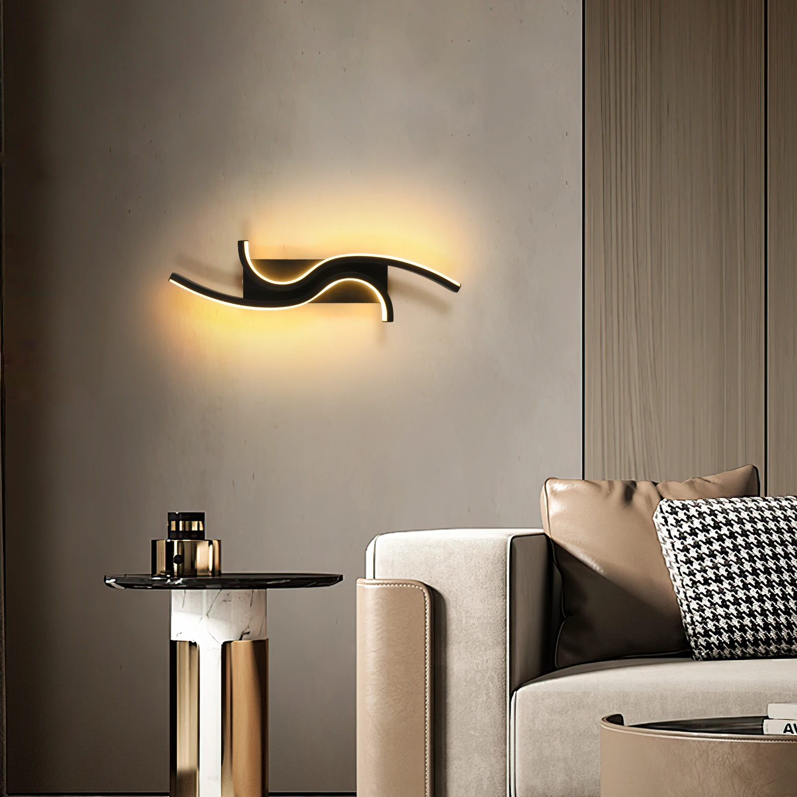 LED Wall Applique, Black Interior Wall Lamp, Warm White Light 3000K Modern Curve for Bedroom, Living Room, Corridor, 3000K