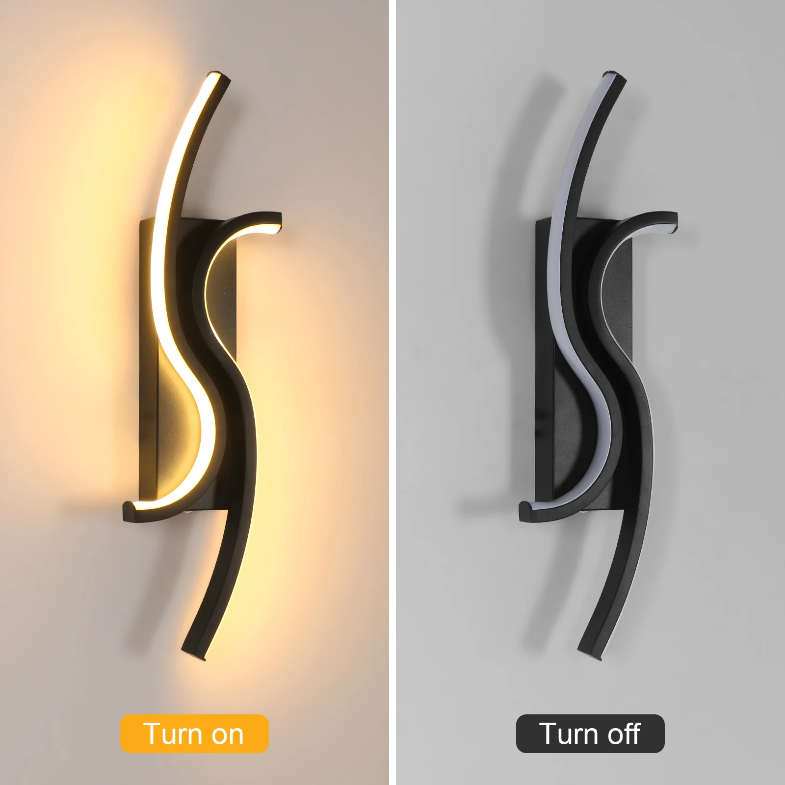 LED Wall Applique, Black Interior Wall Lamp, Warm White Light 3000K Modern Curve for Bedroom, Living Room, Corridor, 3000K