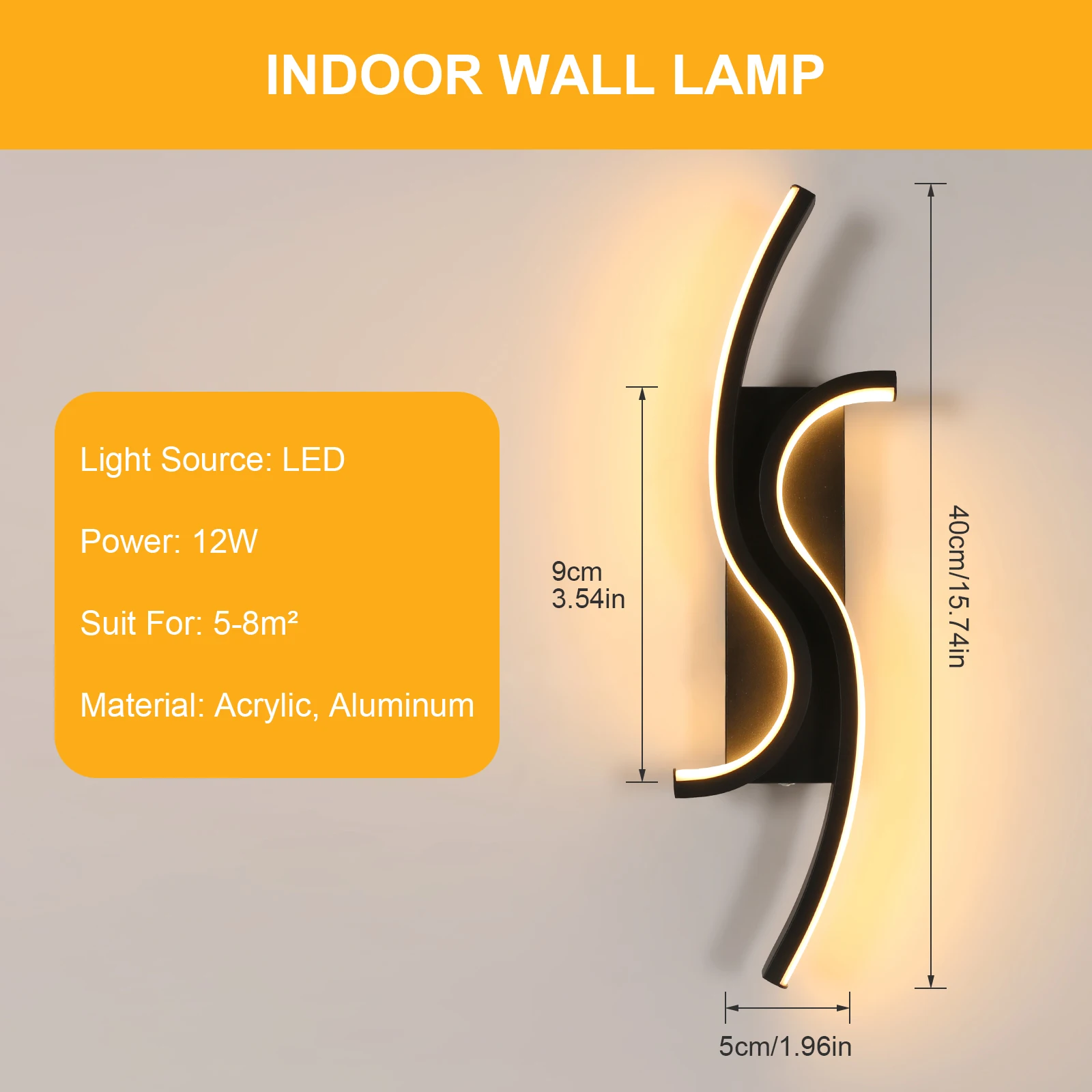 LED Wall Applique, Black Interior Wall Lamp, Warm White Light 3000K Modern Curve for Bedroom, Living Room, Corridor, 3000K