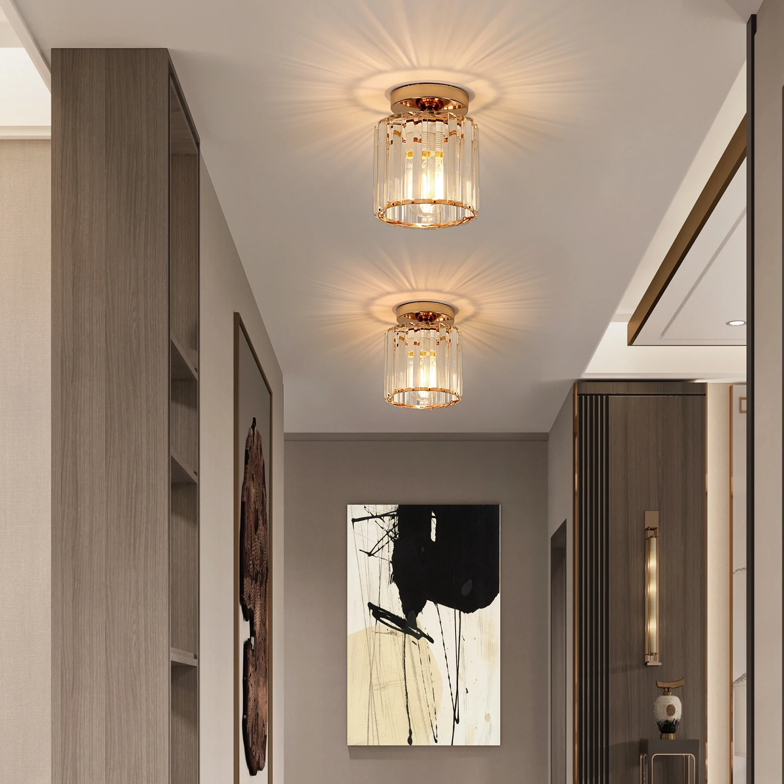 Crystal Ceiling Light,Gold,Fixture Chrome Flush Mount Ceiling Lighting Fixture for Hallway E27 Bulb Socket (Bulb Not Included)