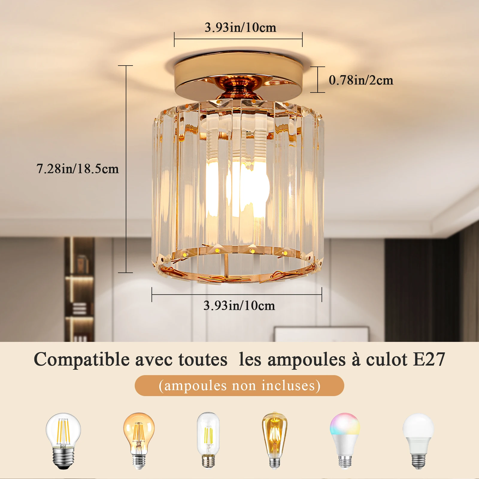 Crystal Ceiling Light,Gold,Fixture Chrome Flush Mount Ceiling Lighting Fixture for Hallway E27 Bulb Socket (Bulb Not Included)