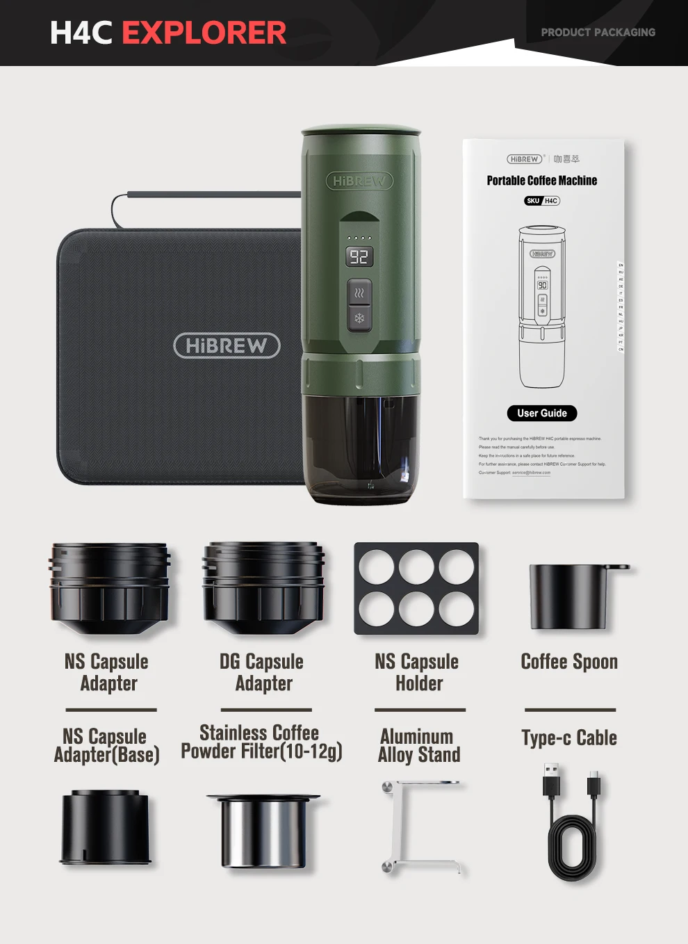 HiBREW H4C Portable Espresso Coffee Machine 3in1 Travel Coffee Maker 7500mAh Lithium Battery Self-Heating Ns DG Capsule & Ground