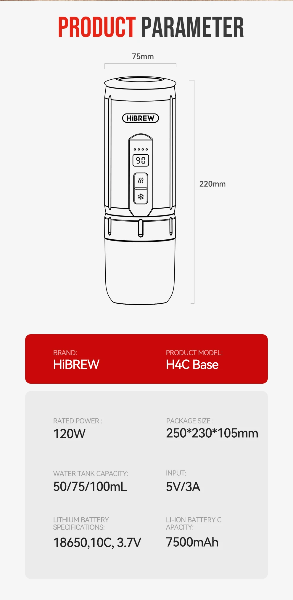 HiBREW H4C Portable Espresso Coffee Machine 3in1 Travel Coffee Maker 7500mAh Lithium Battery Self-Heating Ns DG Capsule & Ground