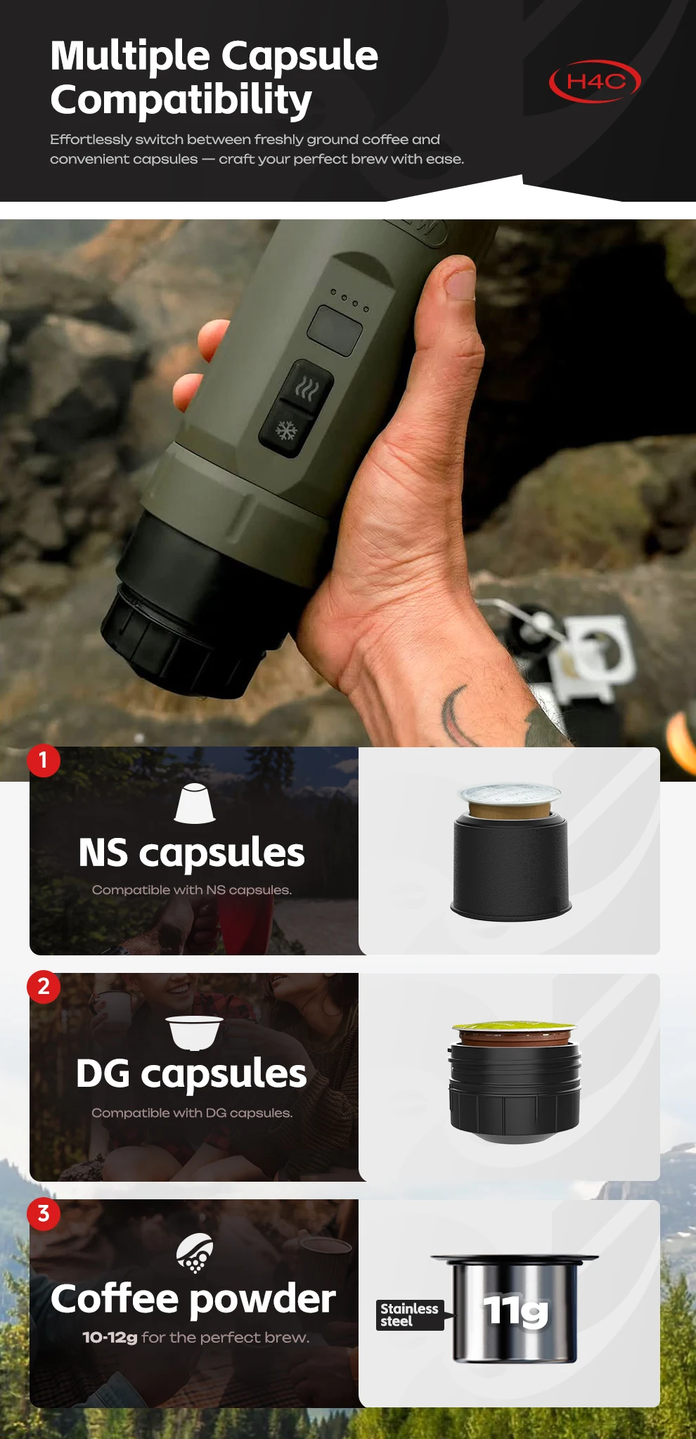 HiBREW H4C Portable Espresso Coffee Machine 3in1 Travel Coffee Maker 7500mAh Lithium Battery Self-Heating Ns DG Capsule & Ground