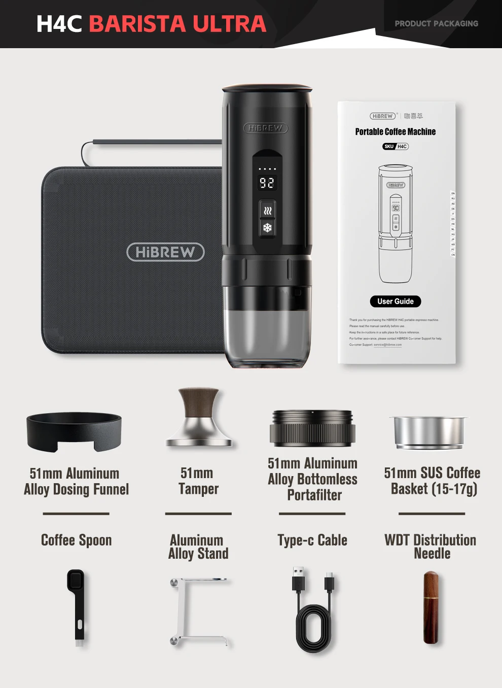 HiBREW H4C Portable Espresso Coffee Machine 3in1 Travel Coffee Maker 7500mAh Lithium Battery Self-Heating Ns DG Capsule & Ground