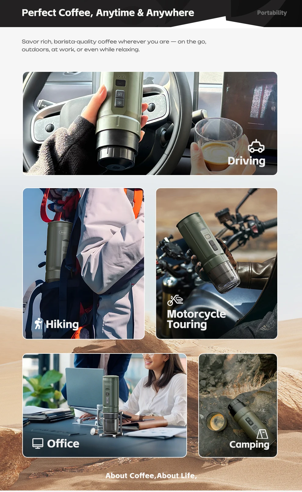 HiBREW H4C Portable Espresso Coffee Machine 3in1 Travel Coffee Maker 7500mAh Lithium Battery Self-Heating Ns DG Capsule & Ground