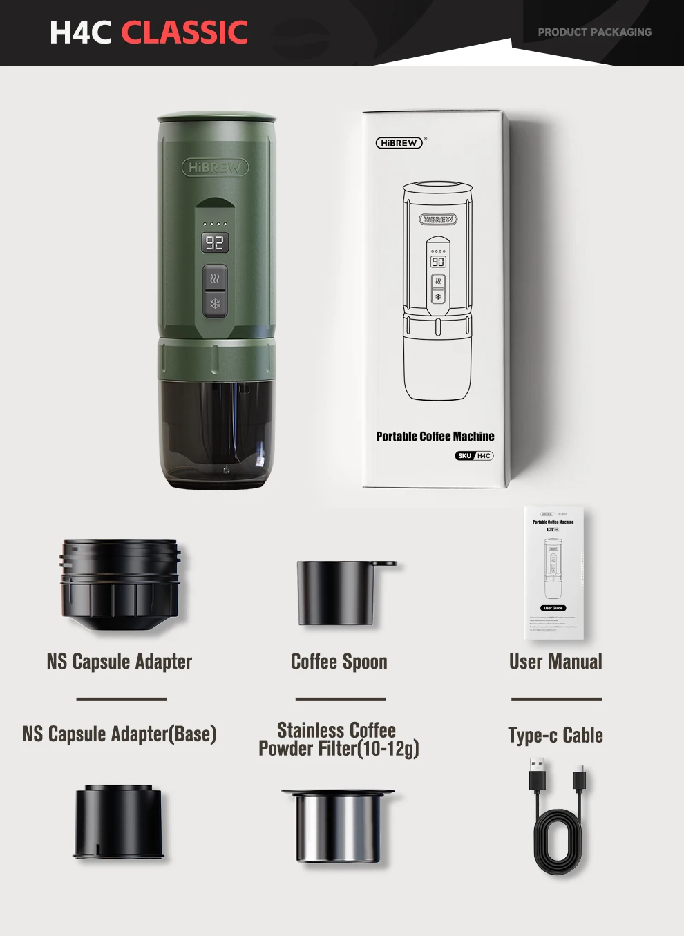 HiBREW H4C Portable Espresso Coffee Machine 3in1 Travel Coffee Maker 7500mAh Lithium Battery Self-Heating Ns DG Capsule & Ground