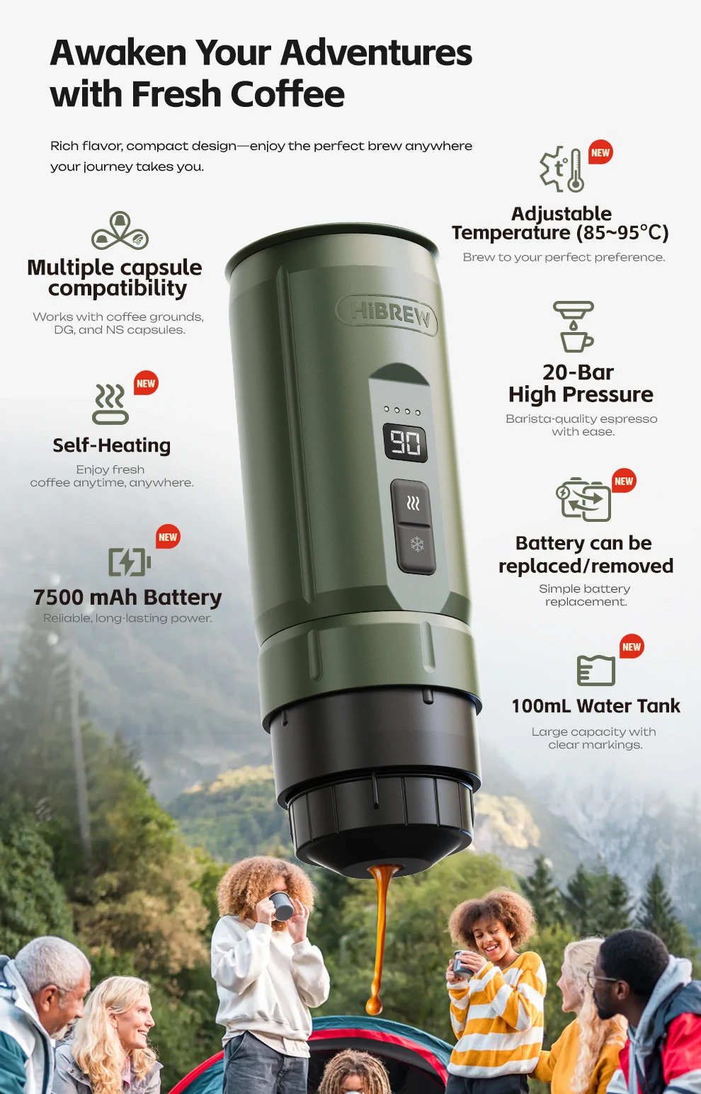 HiBREW H4C Portable Espresso Coffee Machine 3in1 Travel Coffee Maker 7500mAh Lithium Battery Self-Heating Ns DG Capsule & Ground