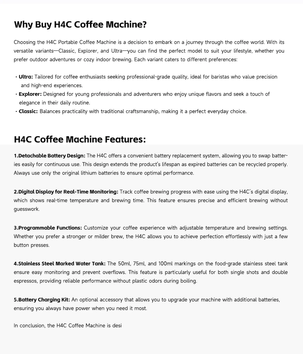 HiBREW H4C Portable Espresso Coffee Machine 3in1 Travel Coffee Maker 7500mAh Lithium Battery Self-Heating Ns DG Capsule & Ground