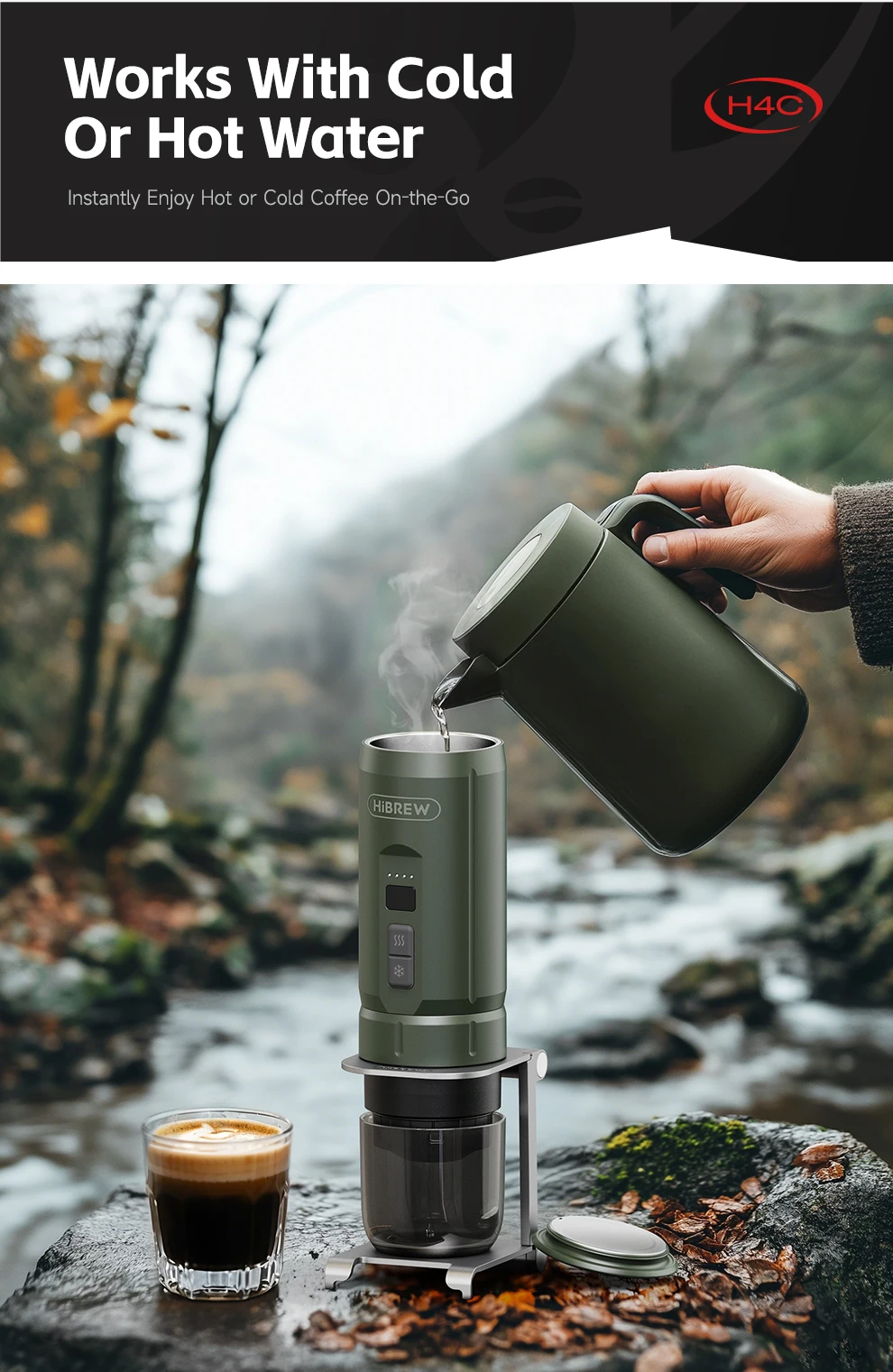 HiBREW H4C Portable Espresso Coffee Machine 3in1 Travel Coffee Maker 7500mAh Lithium Battery Self-Heating Ns DG Capsule & Ground