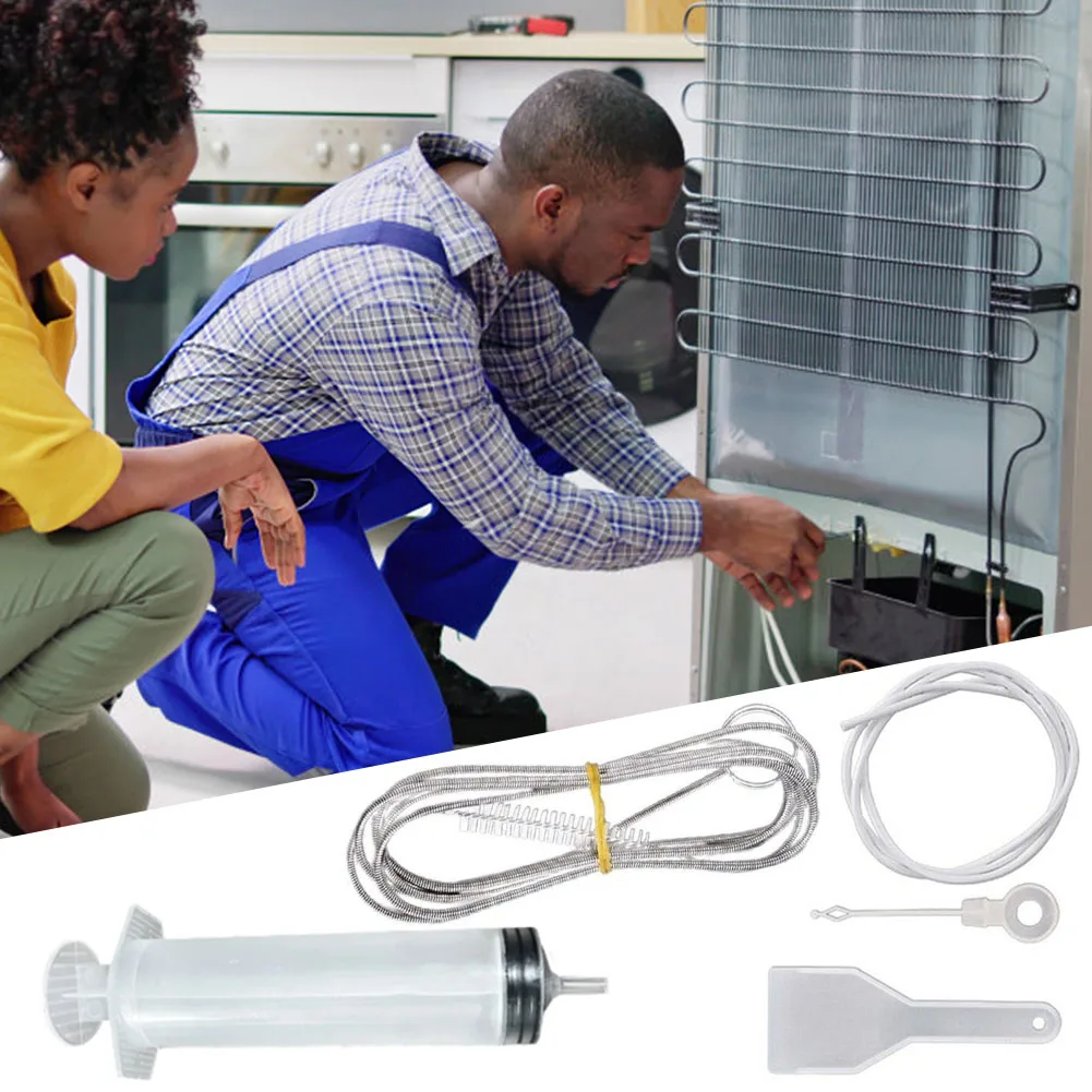 5pcs Fridge Dredging Kit Flexible Refrigerator Scrub Brush Reusable Fridge Drain Hole Dredging Remover Cleaning Syringe Shovel