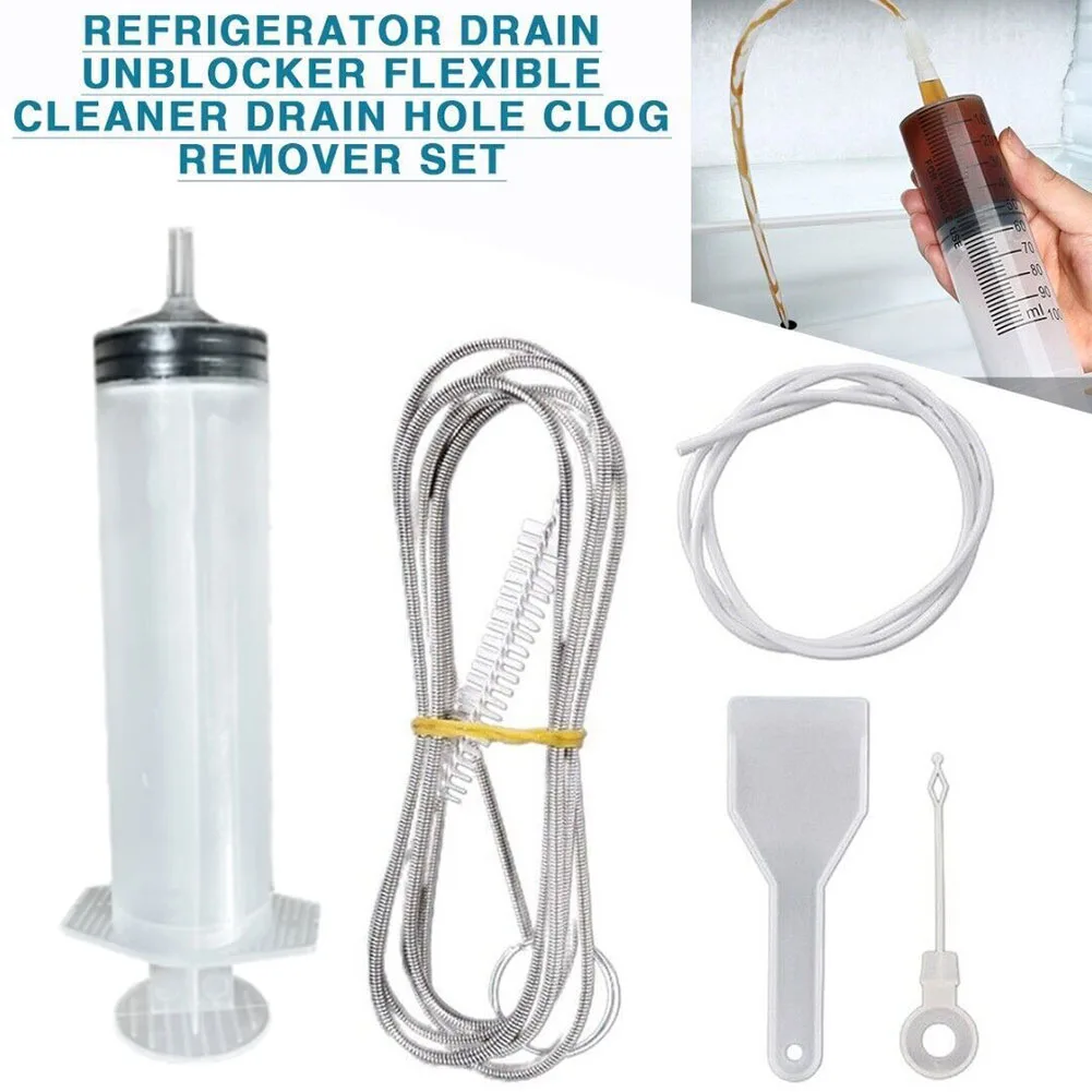 5pcs Fridge Dredging Kit Flexible Refrigerator Scrub Brush Reusable Fridge Drain Hole Dredging Remover Cleaning Syringe Shovel