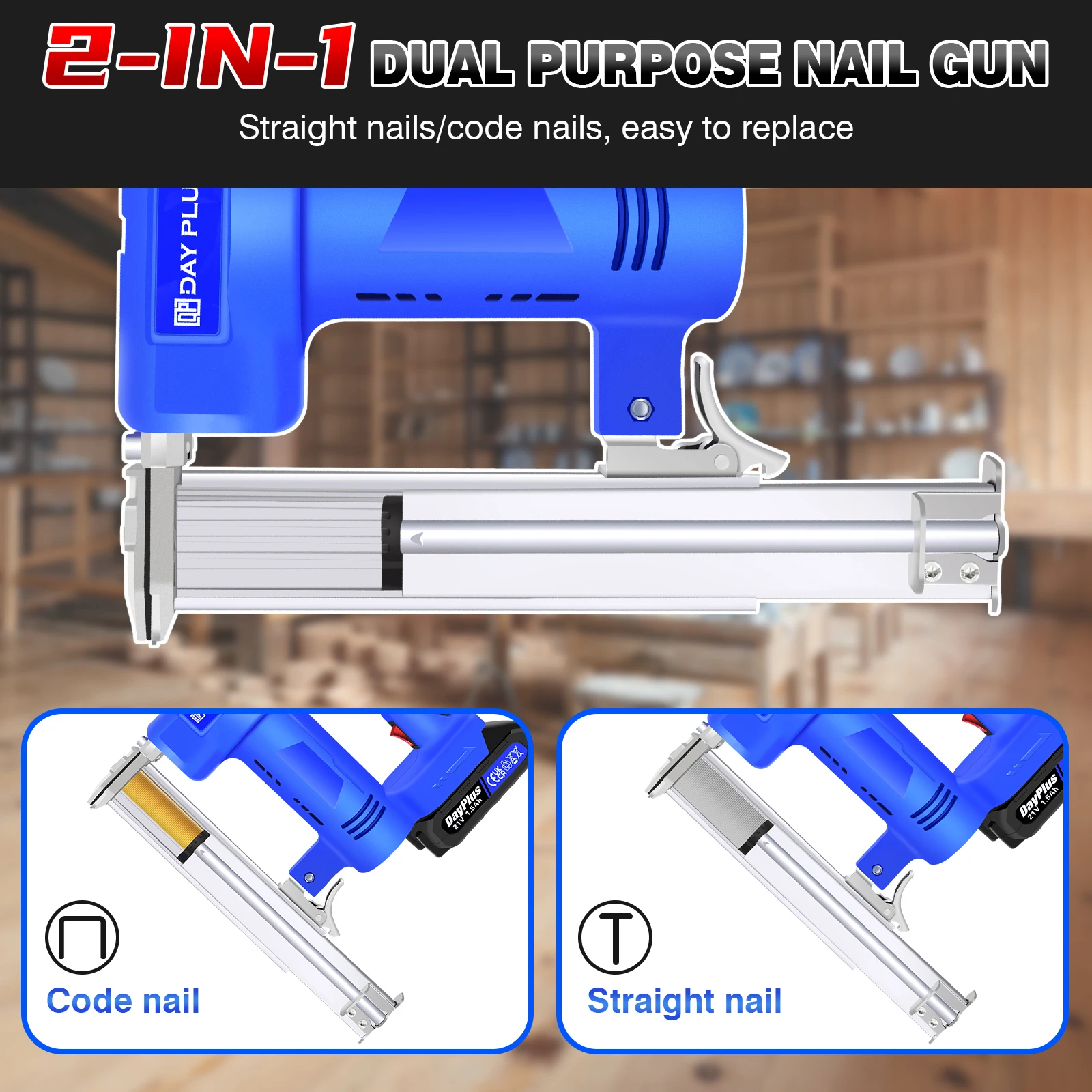 2 in 1 Heavy Duty Electric Nailer with Battery and Charger, 500 Nails and 500 Staples, Nailer for DIY Woodworking Furniture