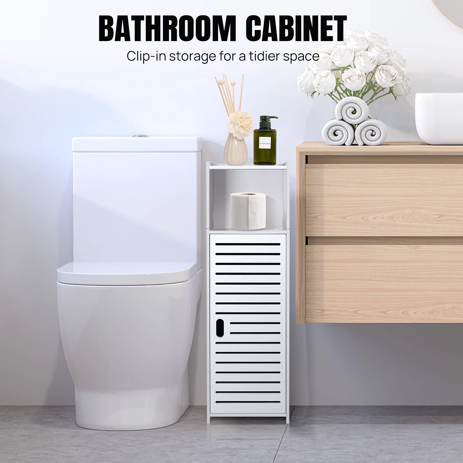 DayPlus Bathroom Floor Cabinet, 3 Tier Home Storage Cabinet with Doors & Shelves, Free Standing Tall Slim Side Organizer Cabinet
