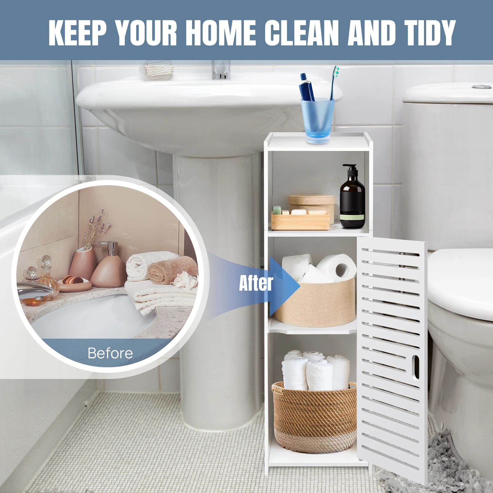 DayPlus Bathroom Floor Cabinet, 3 Tier Home Storage Cabinet with Doors & Shelves, Free Standing Tall Slim Side Organizer Cabinet