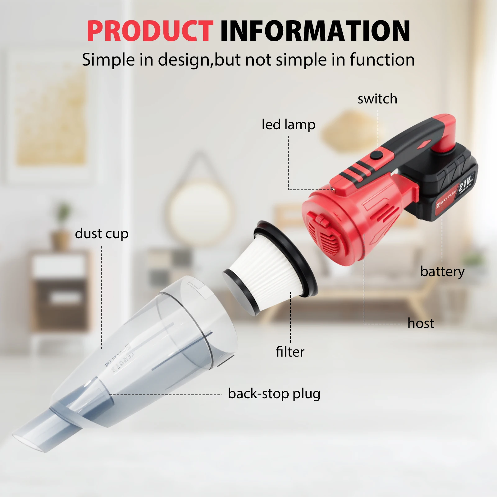 Cordless Vacuum Cleaner, 55KPA Lightweight Vacuum Cleaners for Home with Rechargeable 2200 mAh Battery, Handheld Vacuum for Home