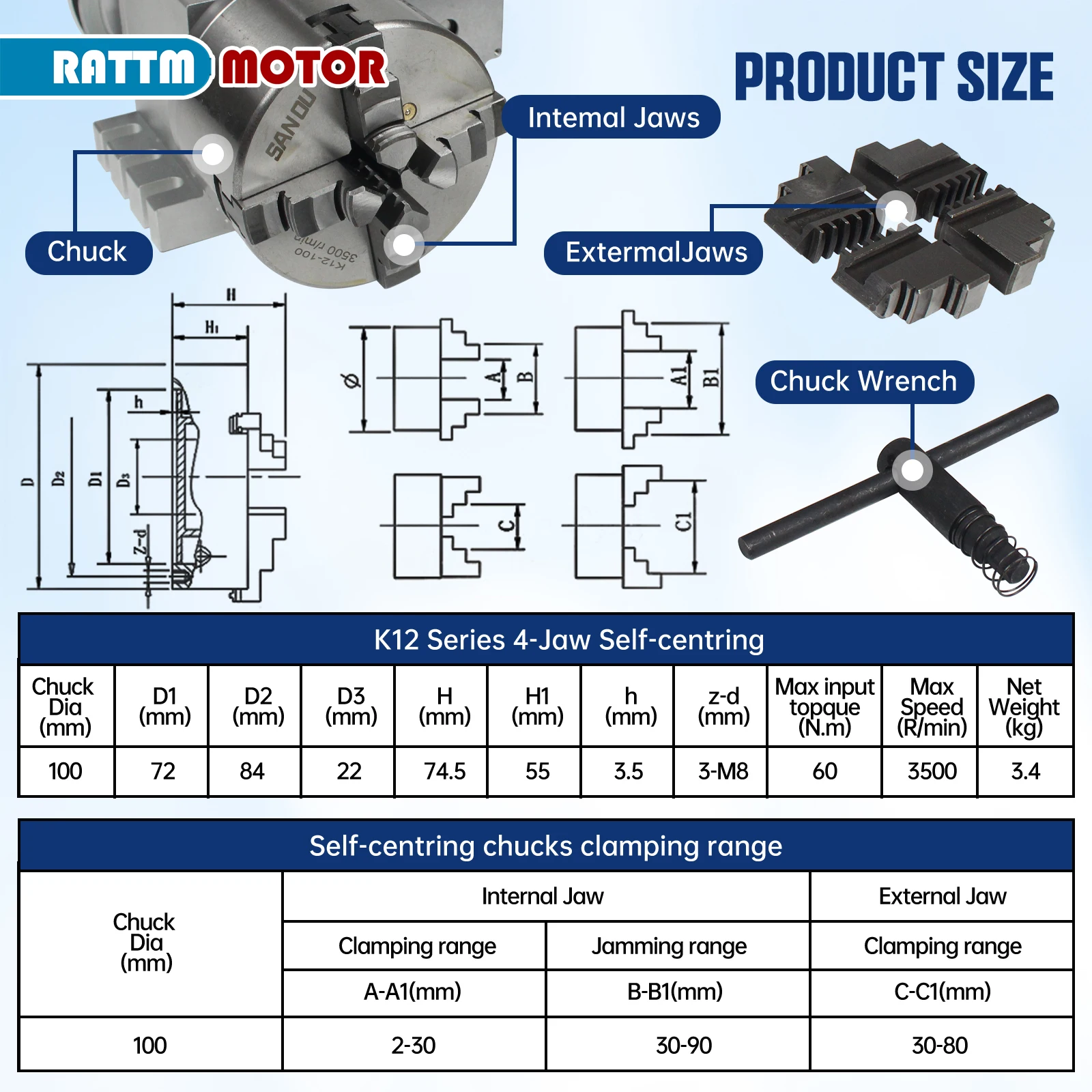 【EU BR】K11-100/K12-100mm 3/4 Jaw Chuck 100mm 4th Axis + Tailstock Kit for Mini CNC Router/Woodworking Engraving