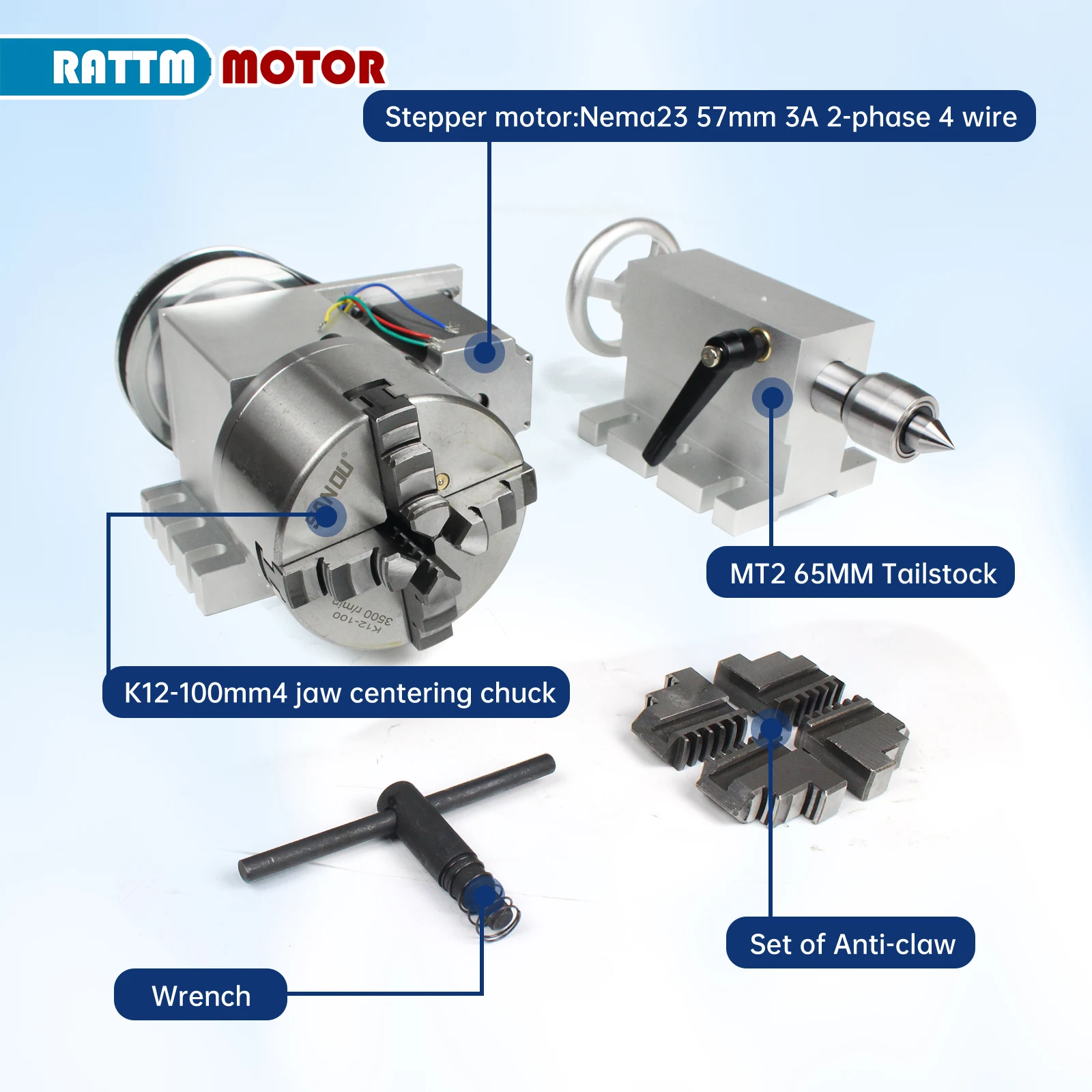 【EU BR】K11-100/K12-100mm 3/4 Jaw Chuck 100mm 4th Axis + Tailstock Kit for Mini CNC Router/Woodworking Engraving
