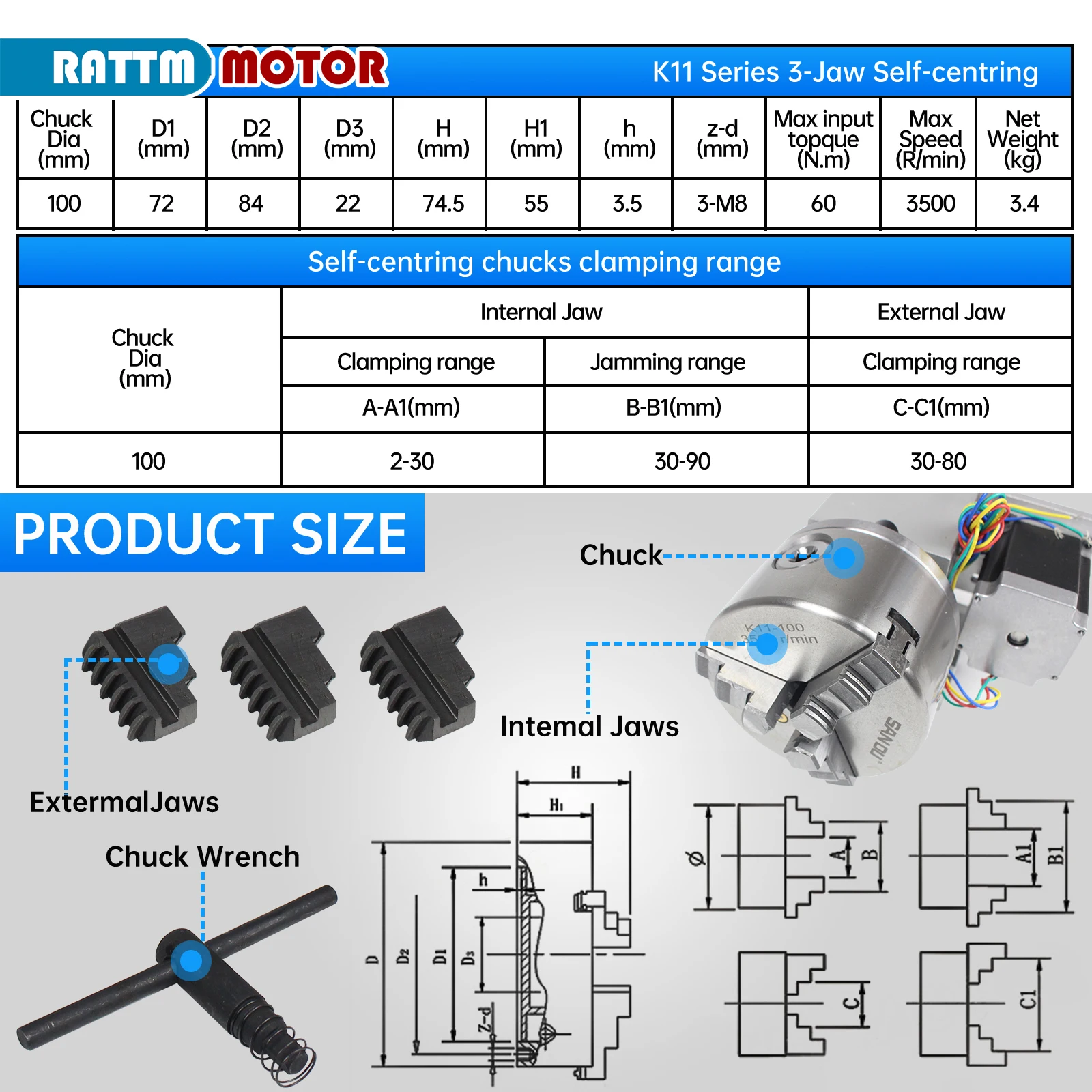 【EU BR】K11-100/K12-100mm 3/4 Jaw Chuck 100mm 4th Axis + Tailstock Kit for Mini CNC Router/Woodworking Engraving