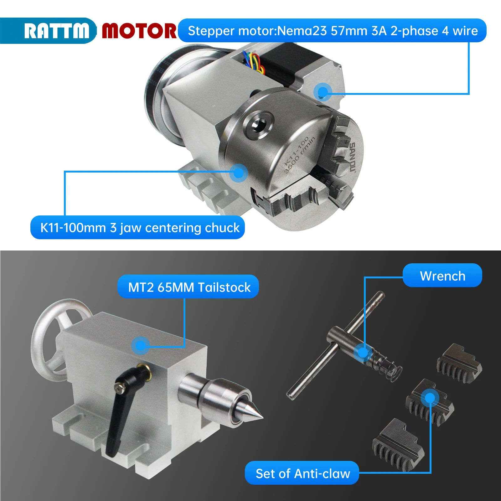 【EU BR】K11-100/K12-100mm 3/4 Jaw Chuck 100mm 4th Axis + Tailstock Kit for Mini CNC Router/Woodworking Engraving