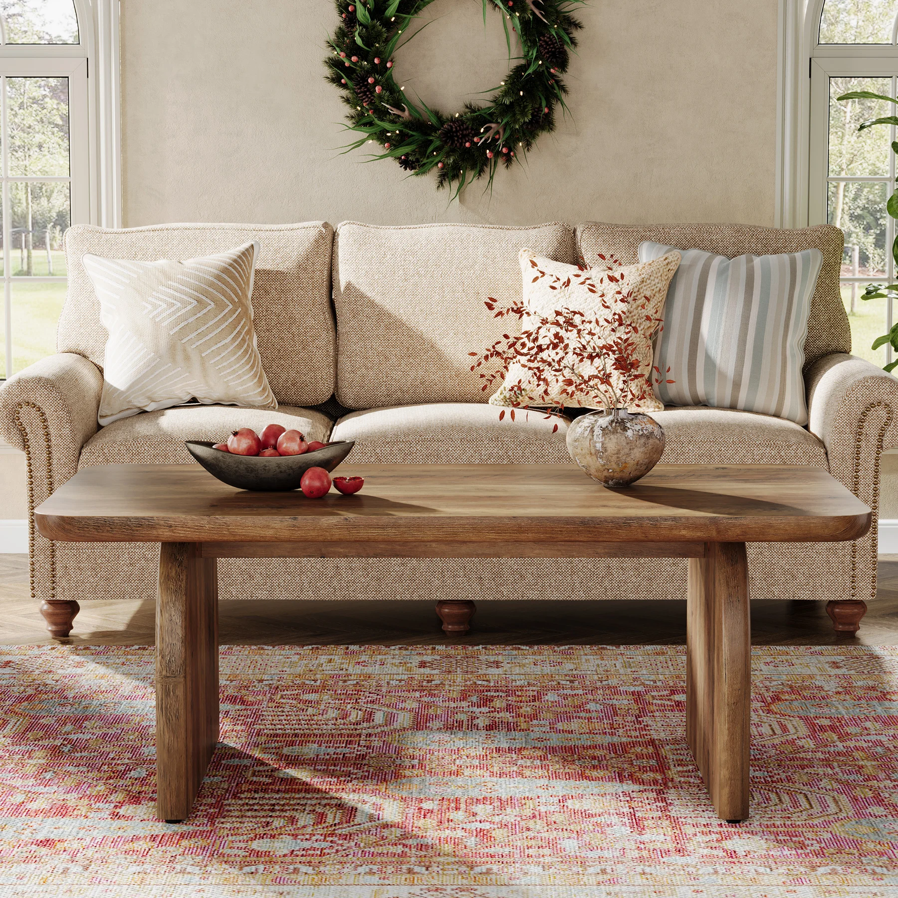 Tribesigns Farmhouse Rectangular Coffee Table, 47.24-Inch Engineered Wood Center Cocktail Tea Table with Sturdy Base