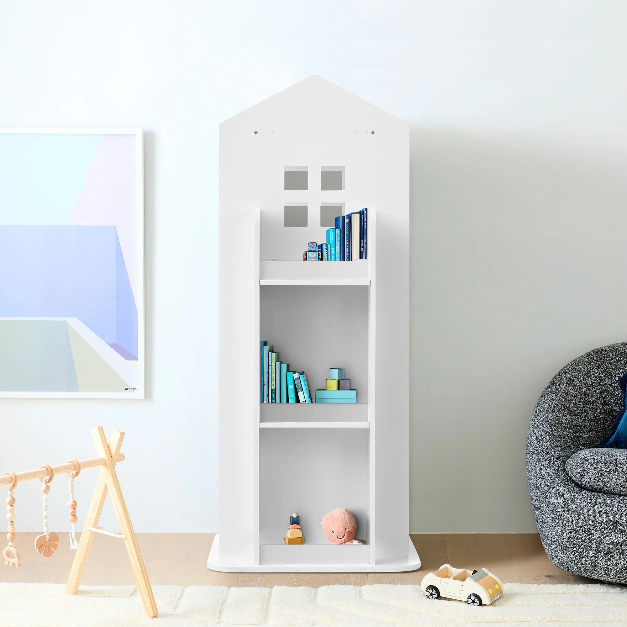 【Breeins】Kids' House Frame Rotating Bookshelf Books Toys Storage Organizer Shelf Cabinet Home Decoration