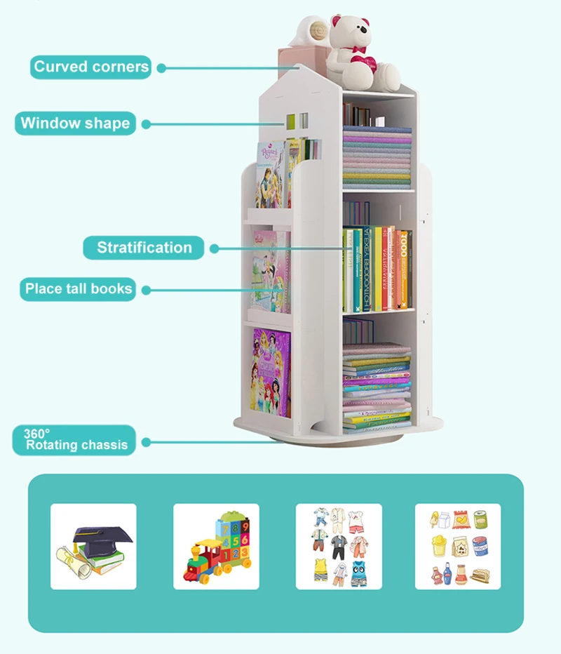 【Breeins】Kids' House Frame Rotating Bookshelf Books Toys Storage Organizer Shelf Cabinet Home Decoration