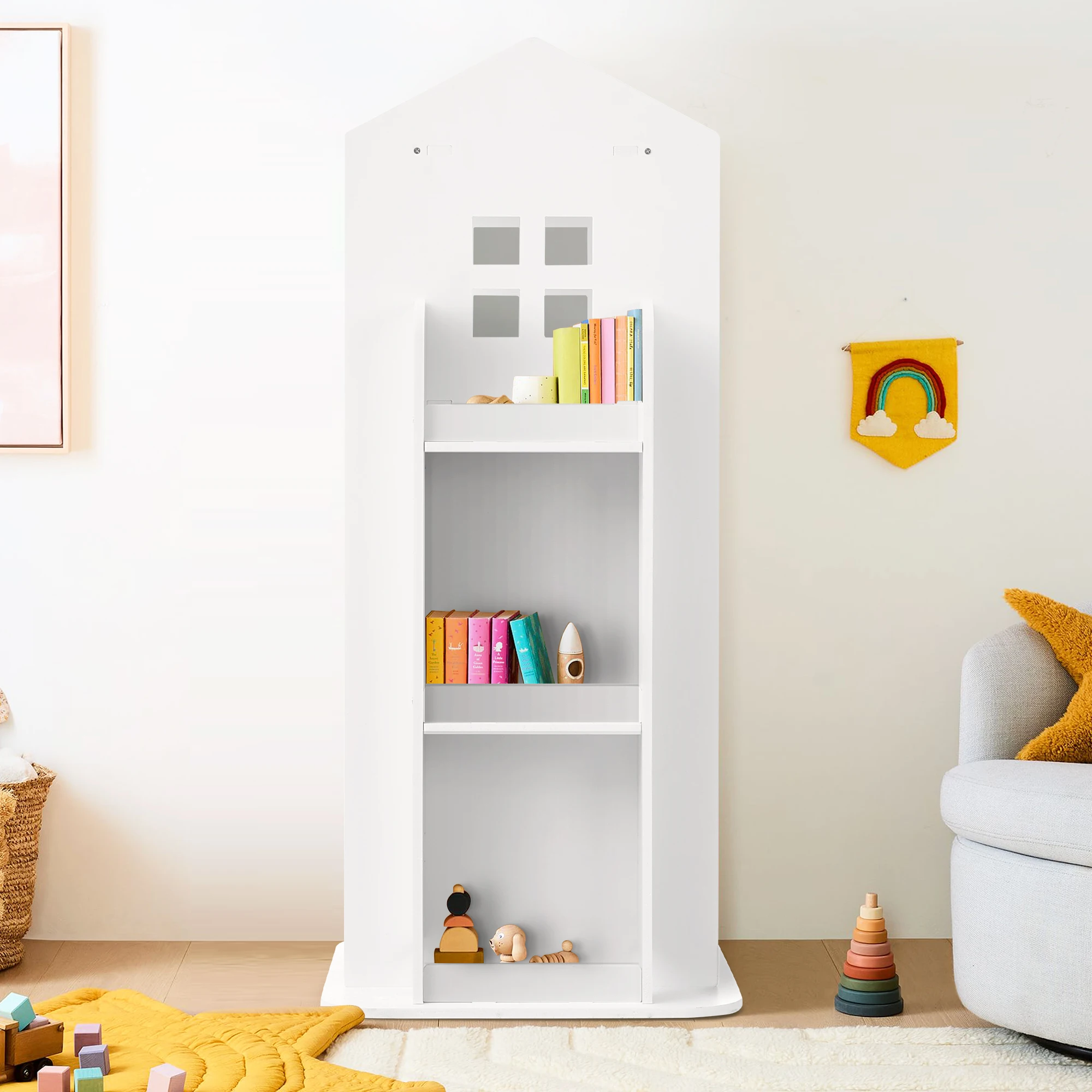 【Breeins】Kids' House Frame Rotating Bookshelf Books Toys Storage Organizer Shelf Cabinet Home Decoration
