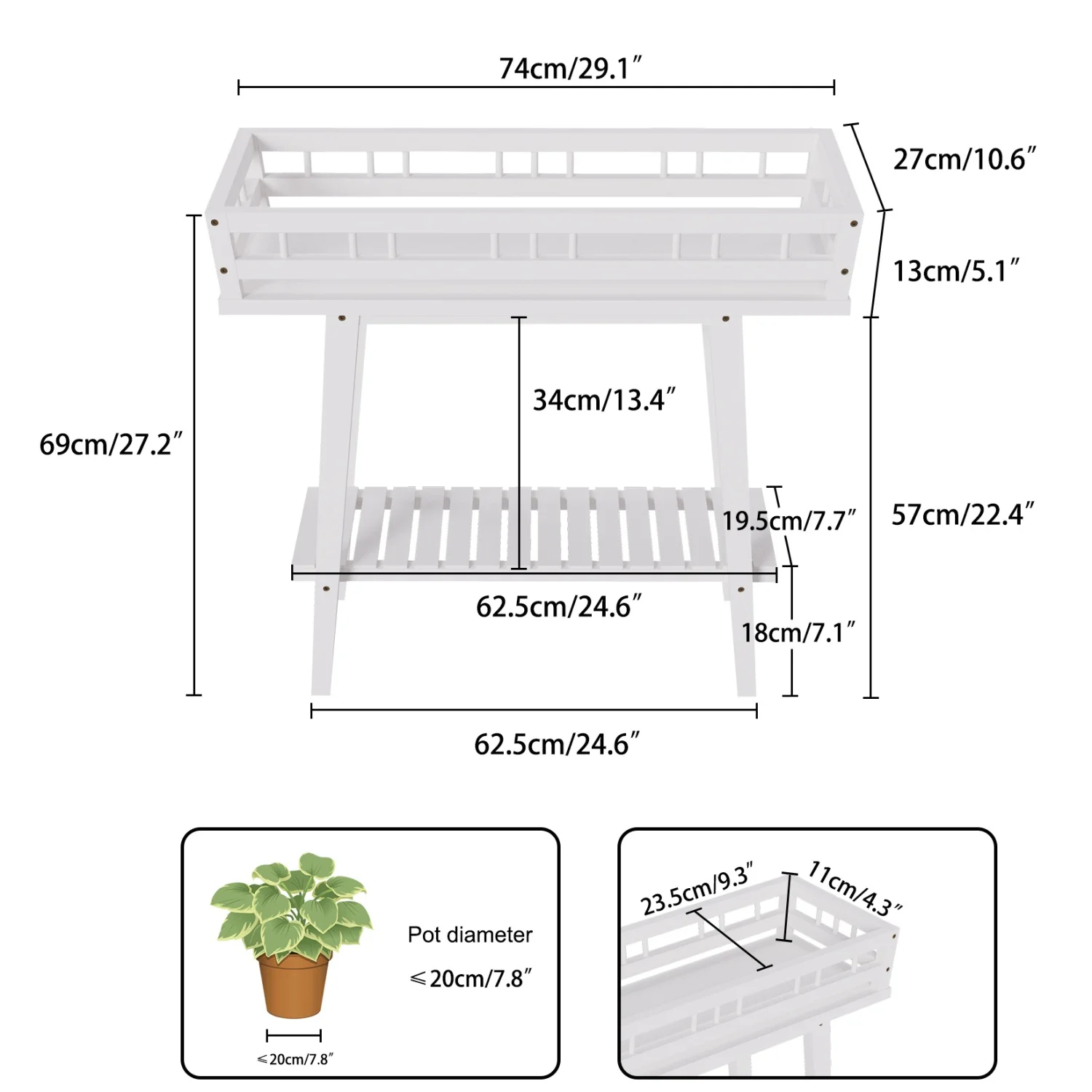 2 Tier Bamboo Plant Stand Garden Plant Shelf Flower Pot Holder for Balcony, Entryway Living Room, White