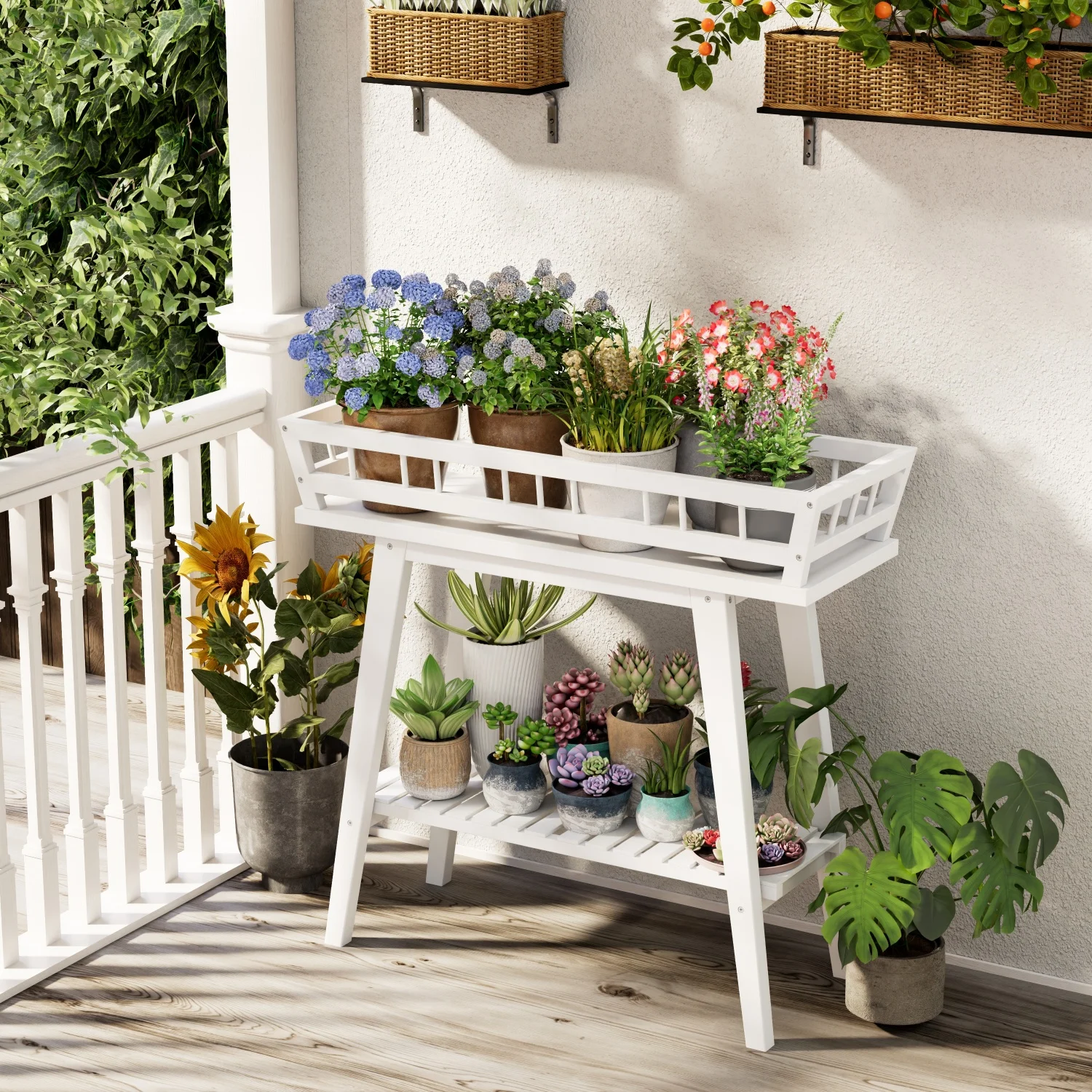 2 Tier Bamboo Plant Stand Garden Plant Shelf Flower Pot Holder for Balcony, Entryway Living Room, White