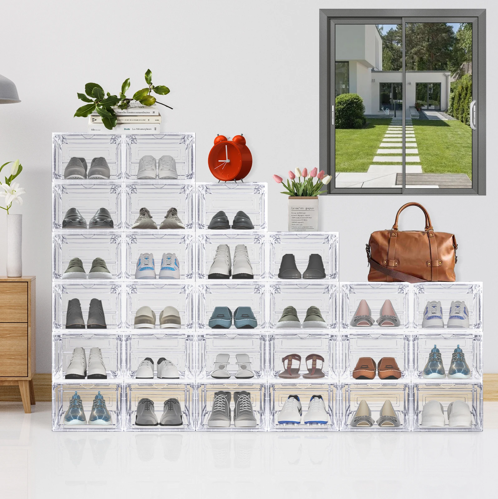 6/9/12 Pack Shoebox Magnetic Clear Plastic Stackable Upgraded Oversized Shoe Organizer,Stackable Clear Shoe Organizer for Home/O