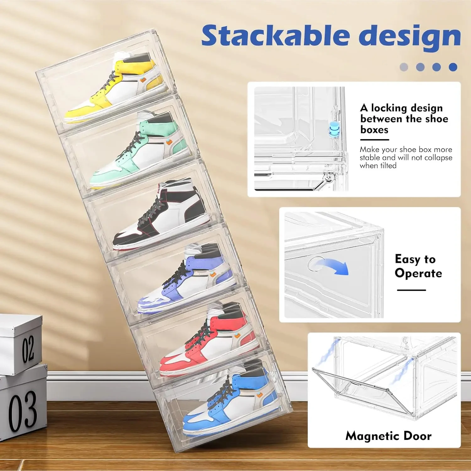 6/9/12 Pack Shoebox Magnetic Clear Plastic Stackable Upgraded Oversized Shoe Organizer,Stackable Clear Shoe Organizer for Home/O