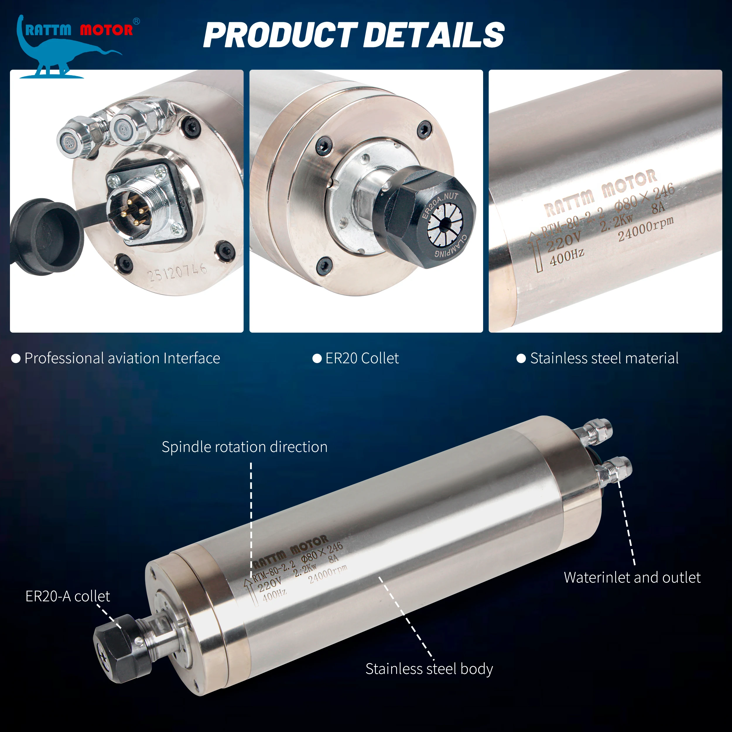 2.2KW 220V ER20 CNC Router Milling Kit Waterproof Water Cooled Spindle Motor For Metal