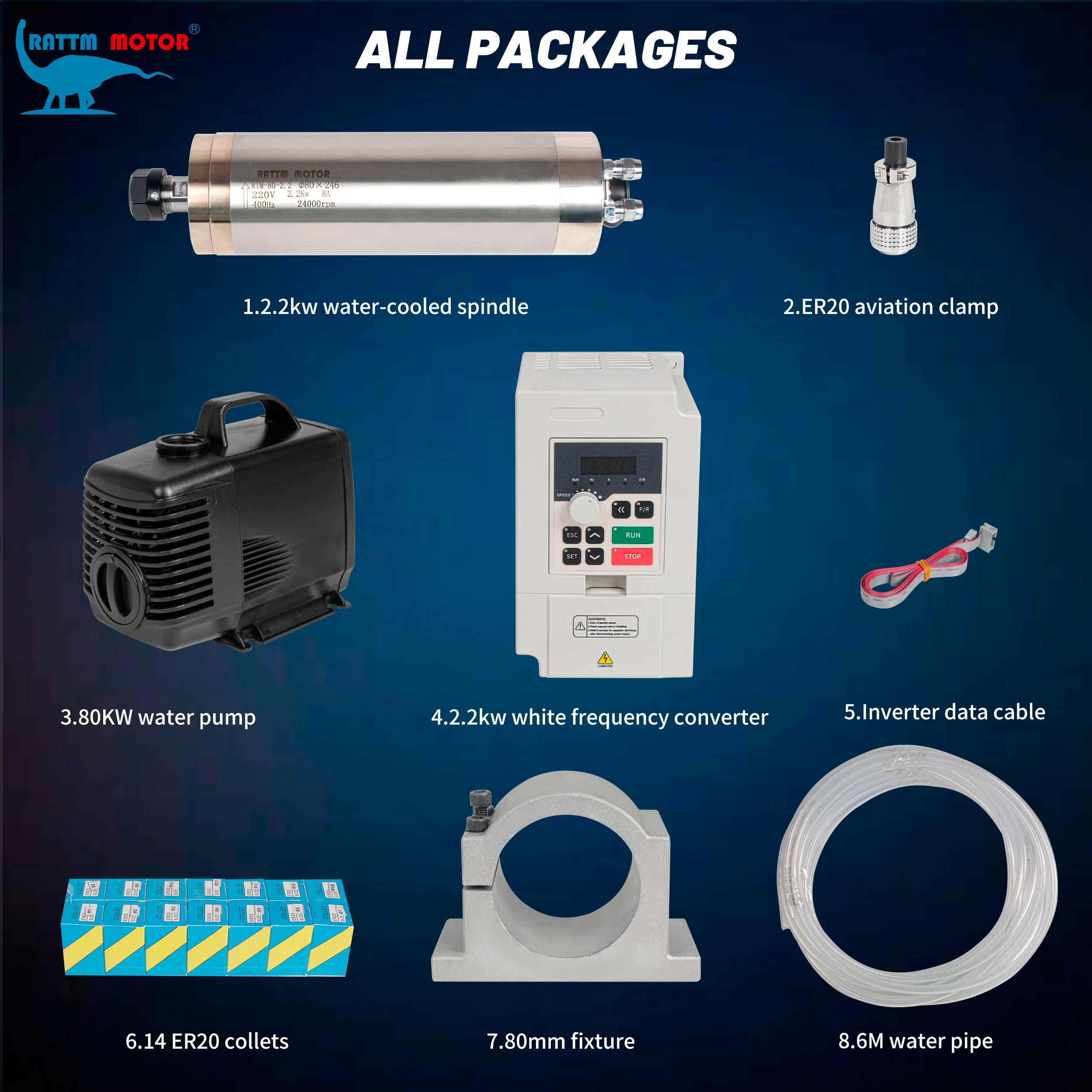2.2KW 220V ER20 CNC Router Milling Kit Waterproof Water Cooled Spindle Motor For Metal