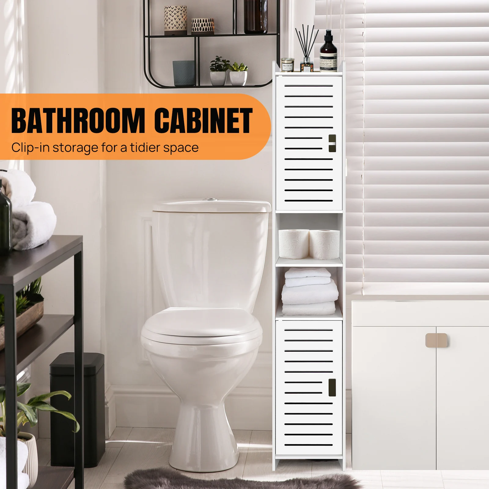BRIEFNESS Waterproof Bathroom Tall Cabinet Free Standing White Floor Storage Unit Cupboard with 2 Doors & 5 Tiers