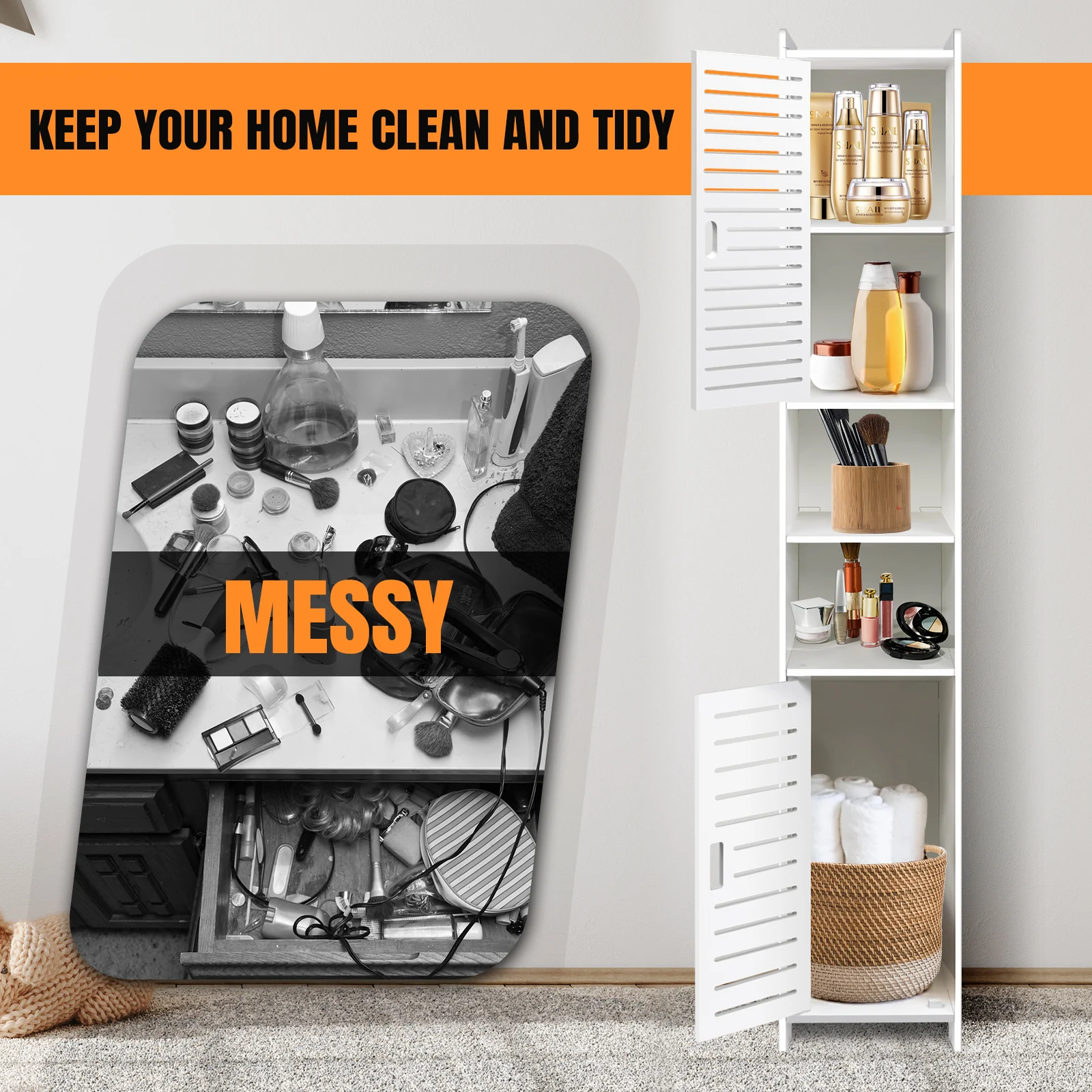 BRIEFNESS Waterproof Bathroom Tall Cabinet Free Standing White Floor Storage Unit Cupboard with 2 Doors & 5 Tiers