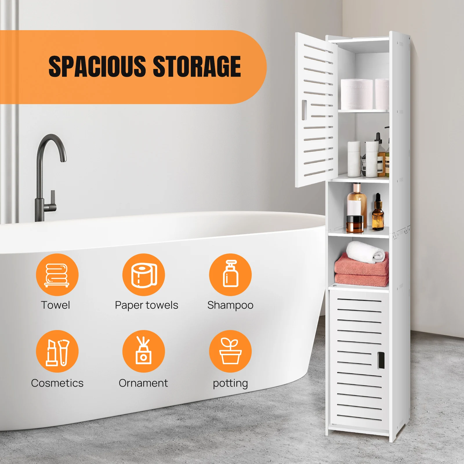 BRIEFNESS Waterproof Bathroom Tall Cabinet Free Standing White Floor Storage Unit Cupboard with 2 Doors & 5 Tiers