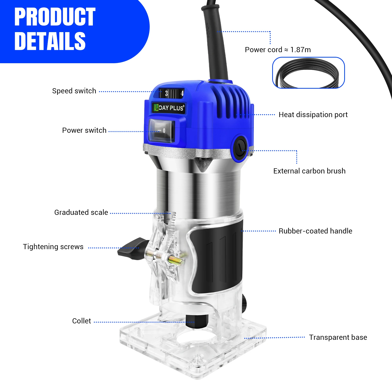 Electric Palm Router Tool,6 Variable Speed Wood Router with 15PCS 1/4" Router Bits,Wood Trimmer Routers Woodworking,Blue