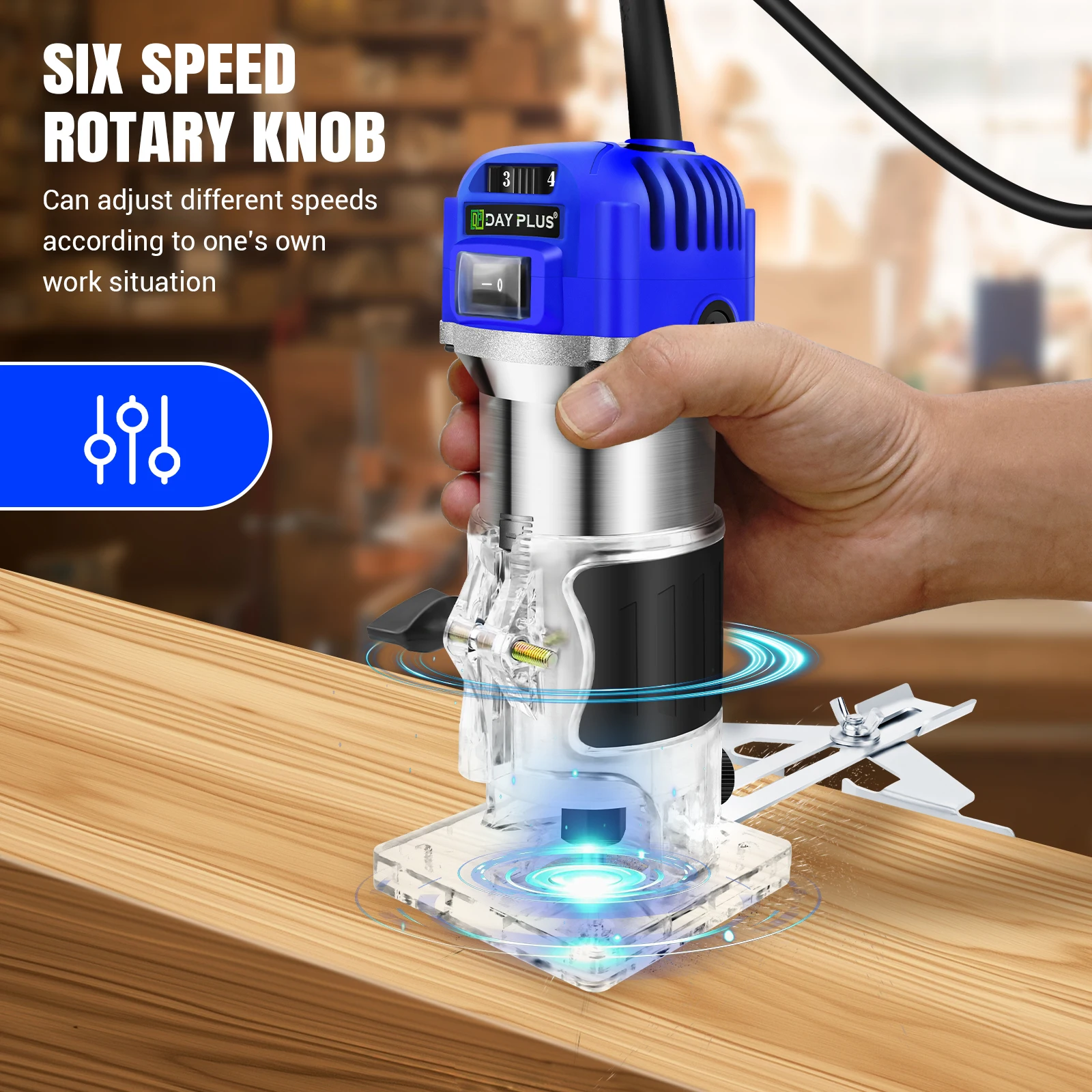 Electric Palm Router Tool,6 Variable Speed Wood Router with 15PCS 1/4" Router Bits,Wood Trimmer Routers Woodworking,Blue