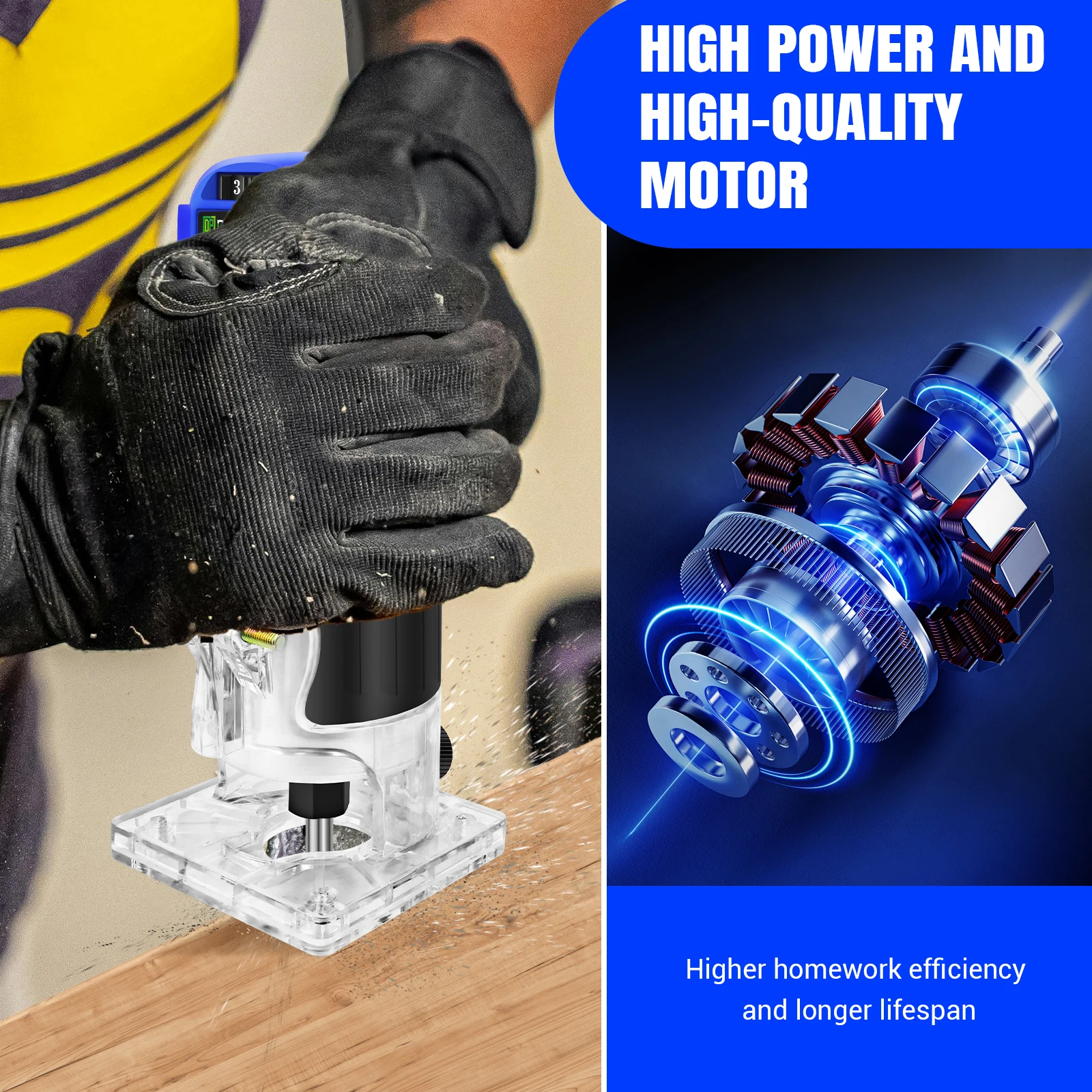 Electric Palm Router Tool,6 Variable Speed Wood Router with 15PCS 1/4" Router Bits,Wood Trimmer Routers Woodworking,Blue