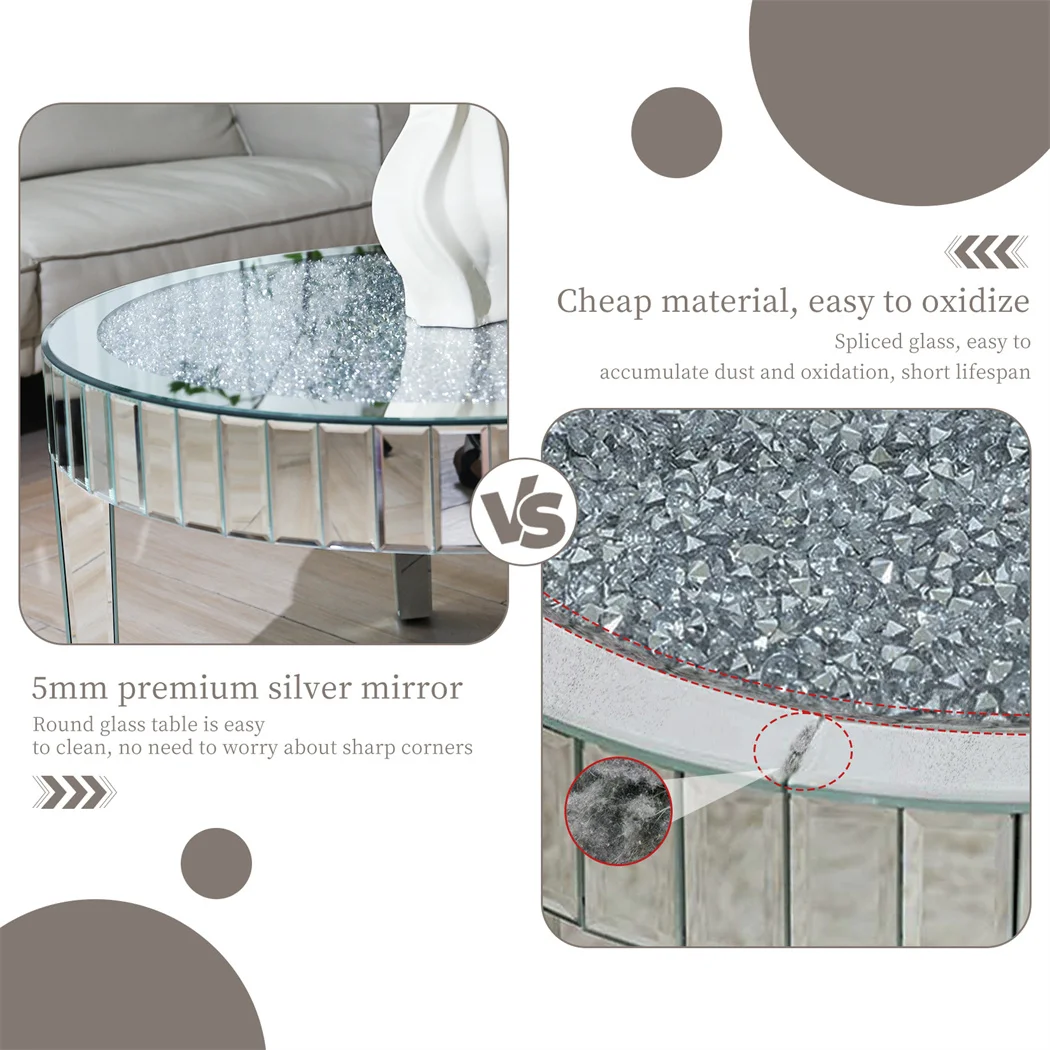 Luxury Silver Round Mirrored Coffee Table Elegant Accent Side Table with Glass Tabletop for Living Room Bedroom