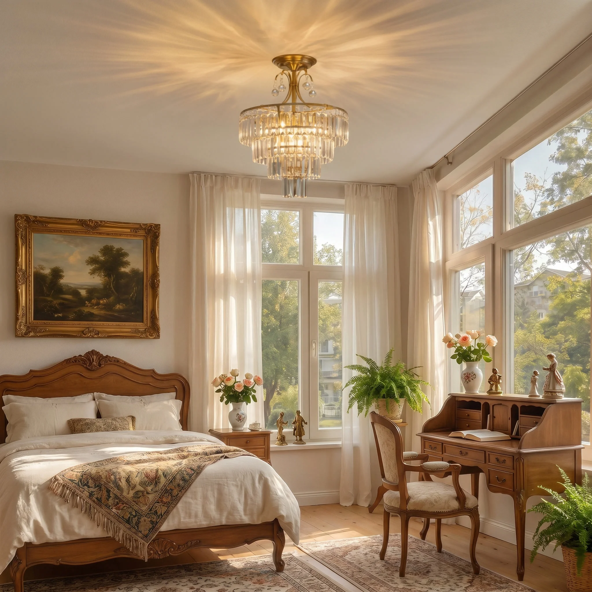 Luxury Gold Crystal Ceiling Light, Round Dimmable Semi-Flush Mount Modern Crystal Ceiling Light for Dining Room/Bedroom/Hallway