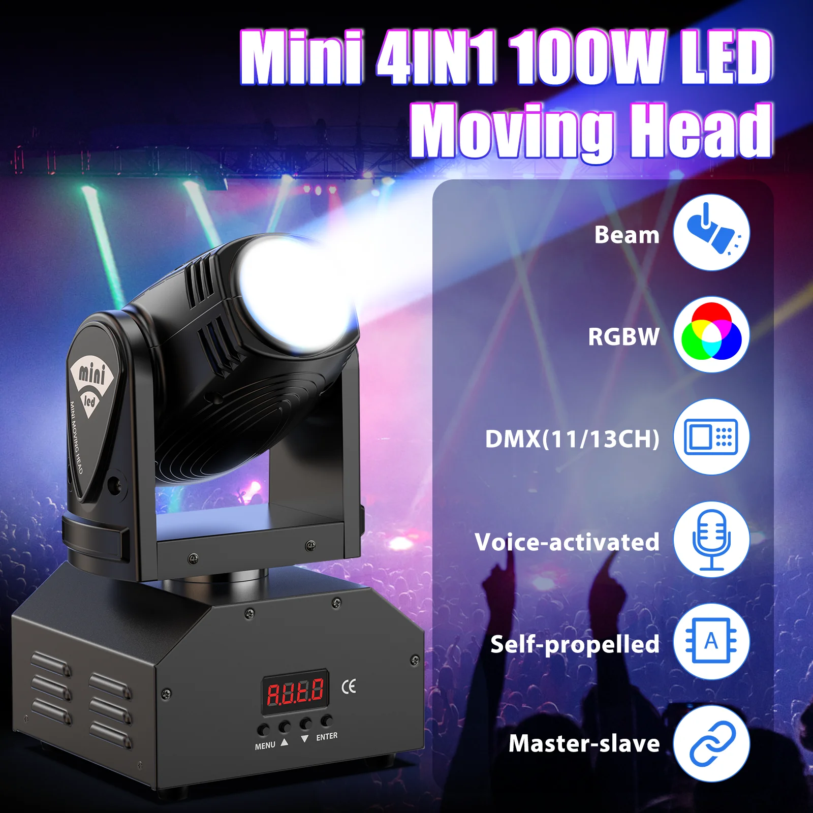 LeLeght Mini LED RGBW Moving Head Light 4 in 1 100W Stage Light 11/13CH DMX512 Voice-activated For Bar Disco Stage Effect Light