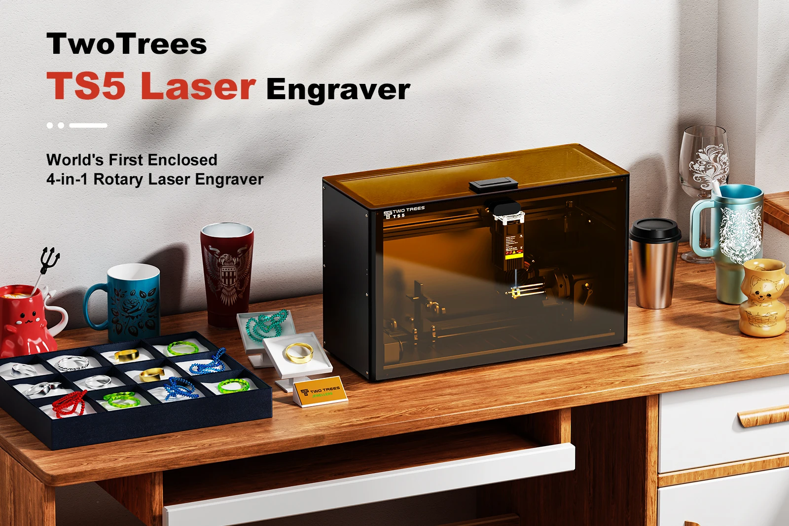 Twotrees TS5 Rotary Laser Engraver 30% Slimmer Body For Cups CNC Machine Laser Engraving Spheres And Circles Tools