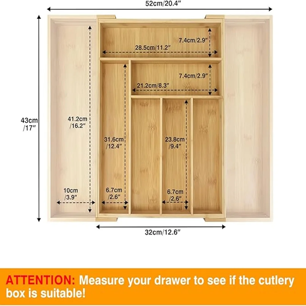Bamboo Cutlery Tray 6-8 Compartment Utensil Holder for Kitchen Drawer Extendable Size Organiser for Knife, Forks and Cutlery