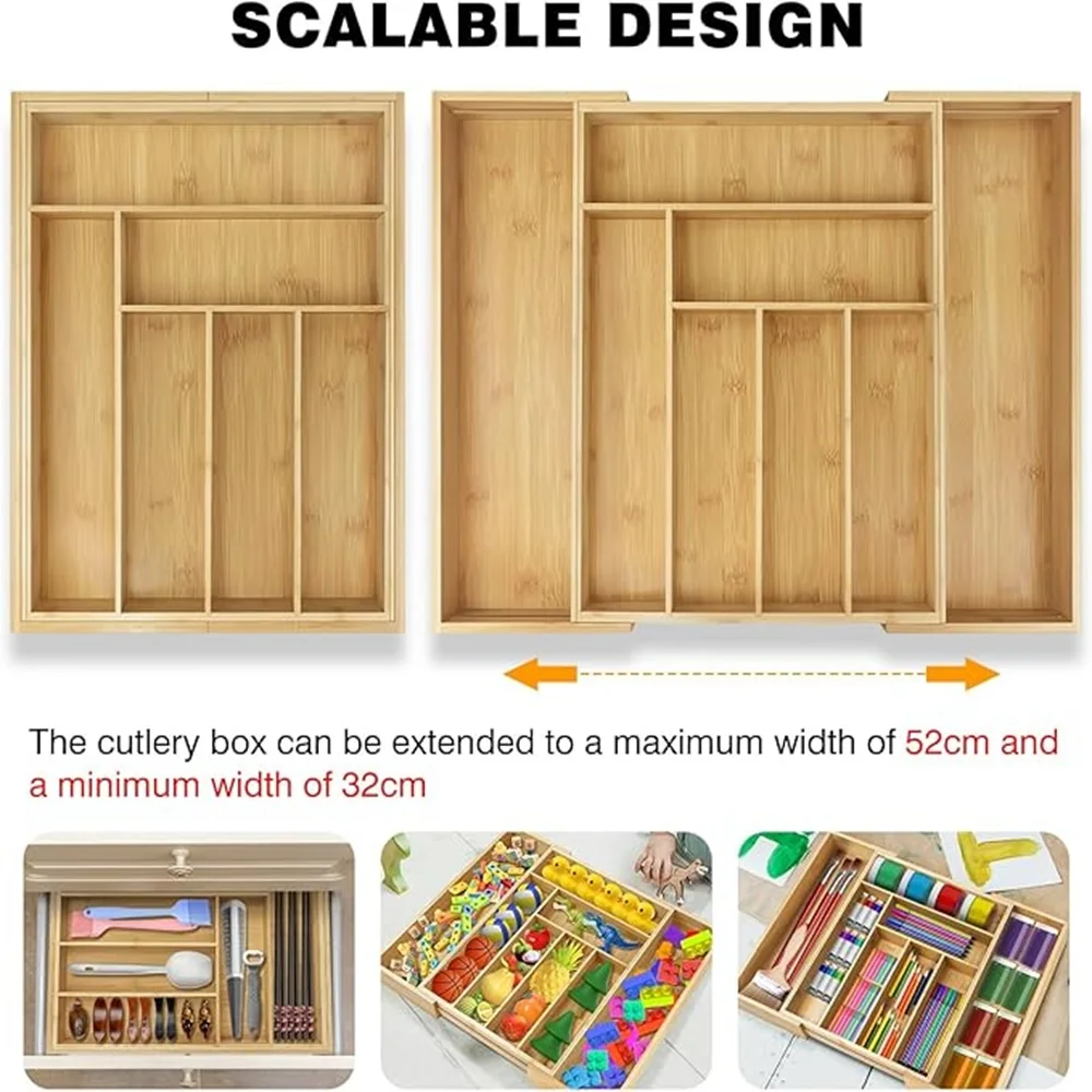 Bamboo Cutlery Tray 6-8 Compartment Utensil Holder for Kitchen Drawer Extendable Size Organiser for Knife, Forks and Cutlery
