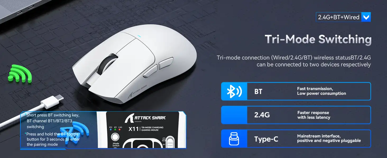 ATTACK SHARK X11 Wireless Gaming Mouse with RGB Magnetic Charging Dock, Wired/2.4G/BT, 22K DPI,Ultralight 59g Tri-Mode with Tape