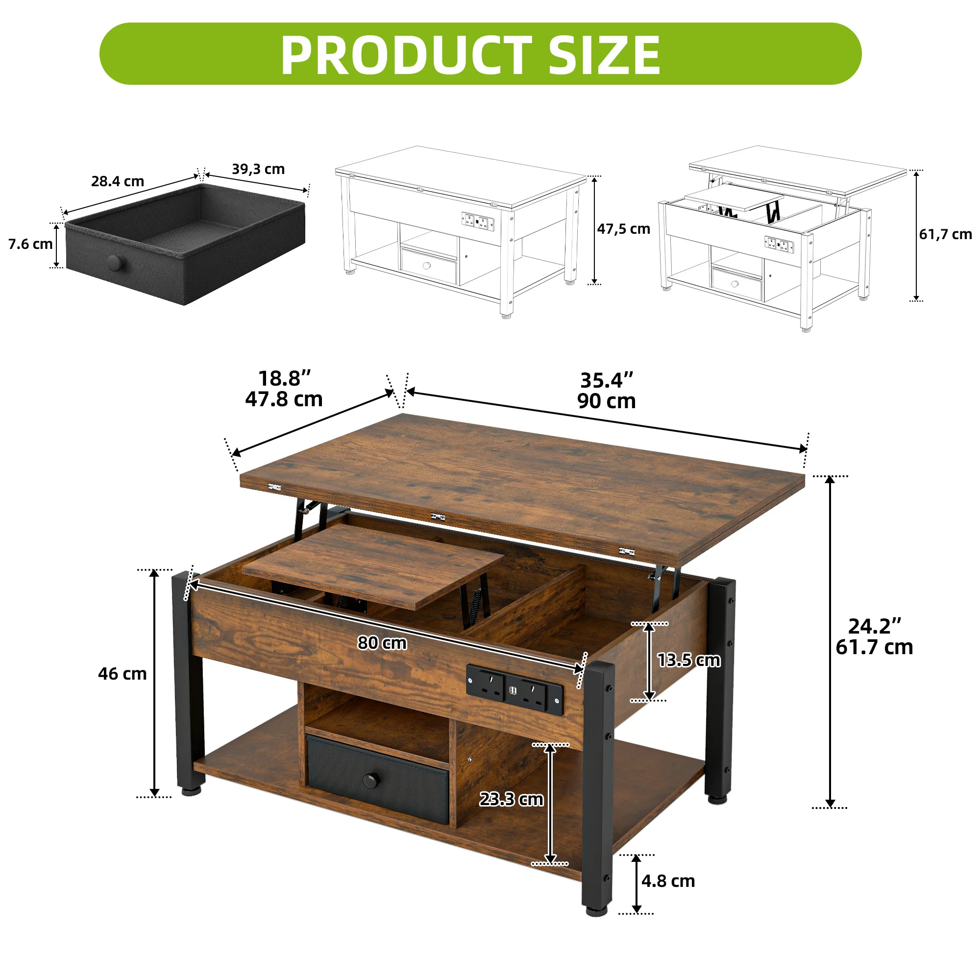 YITAHOME Rustic Brown 4-in-1 Lift-Top Coffee Table - Foldable w/Drawer, Type-G Outlets & LED Lights for Living/Dining Room