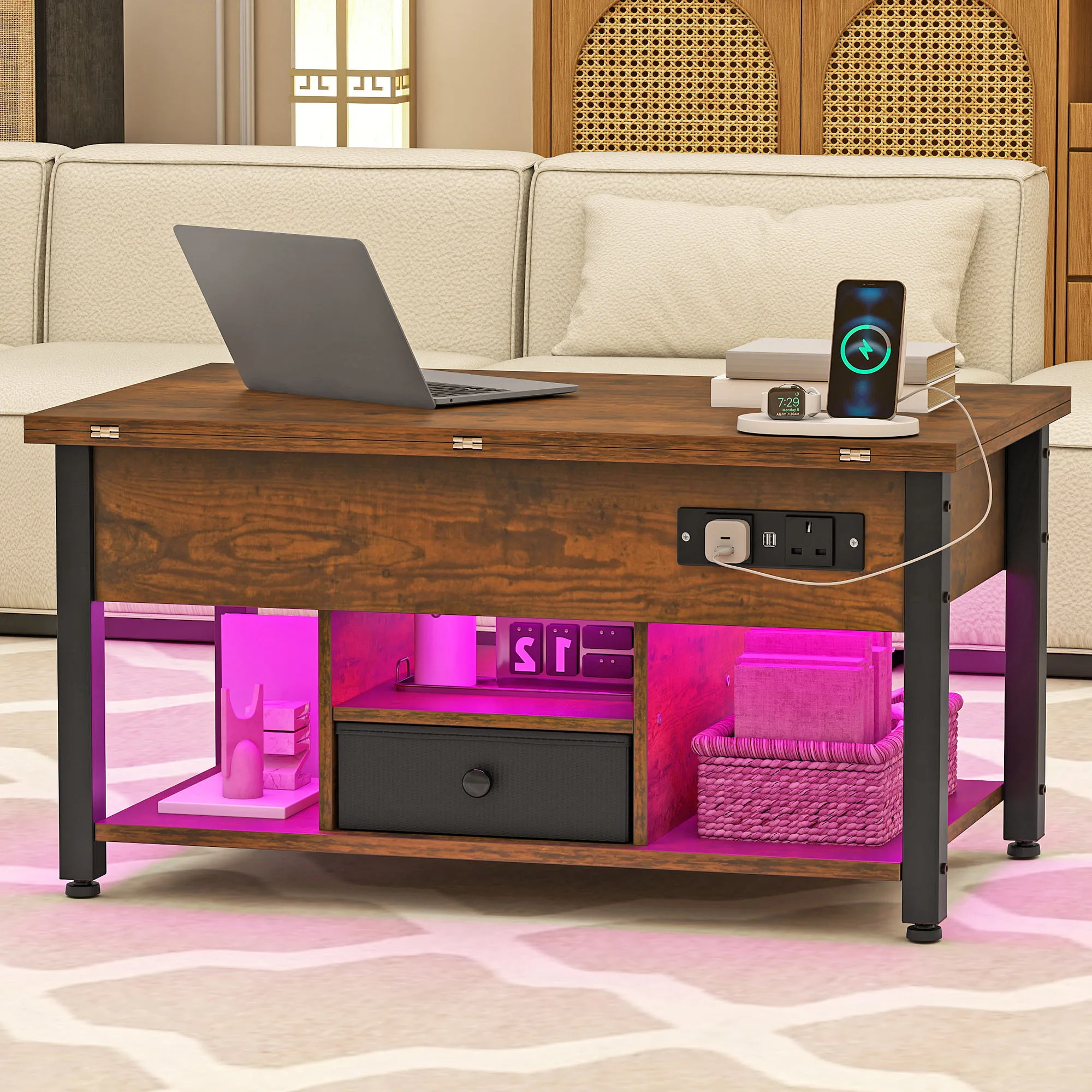 YITAHOME Rustic Brown 4-in-1 Lift-Top Coffee Table - Foldable w/Drawer, Type-G Outlets & LED Lights for Living/Dining Room